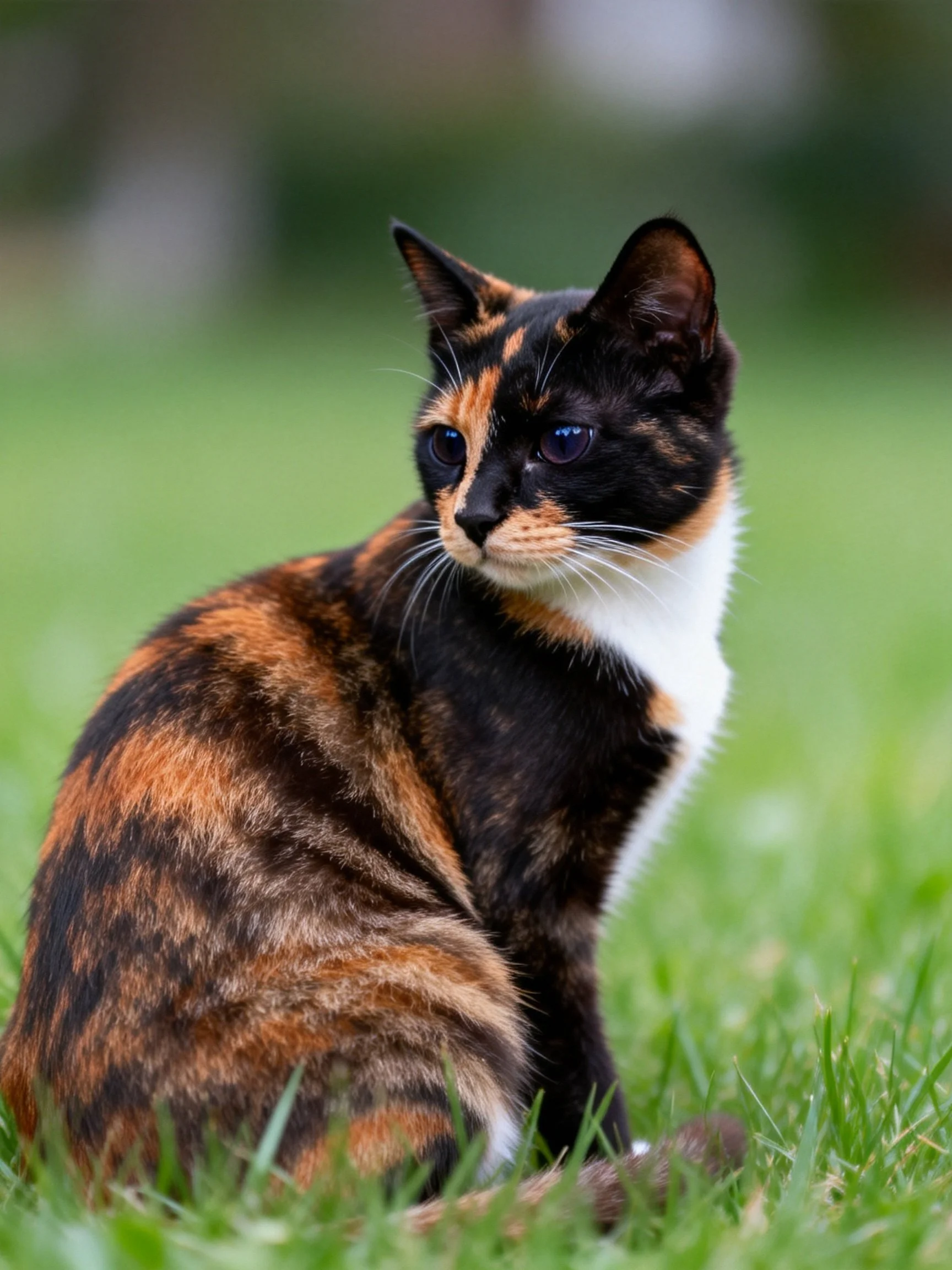 A calico cat with multicolored fur rests on vibrant green grass.