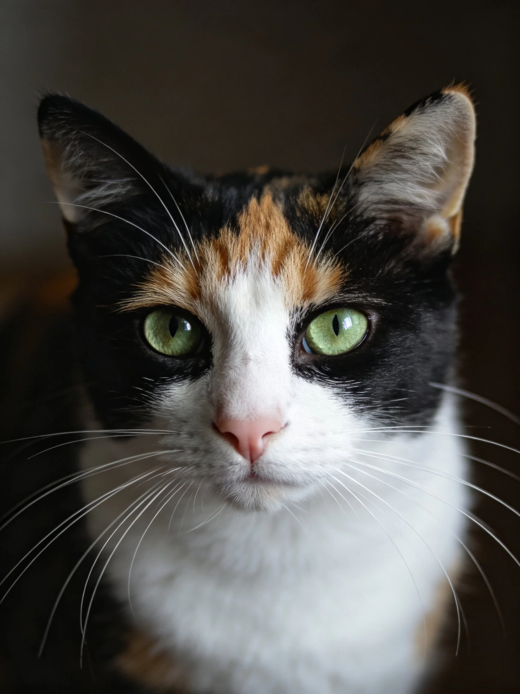 A close - up of a calico cat with distinct color patterns and bright green eyes.