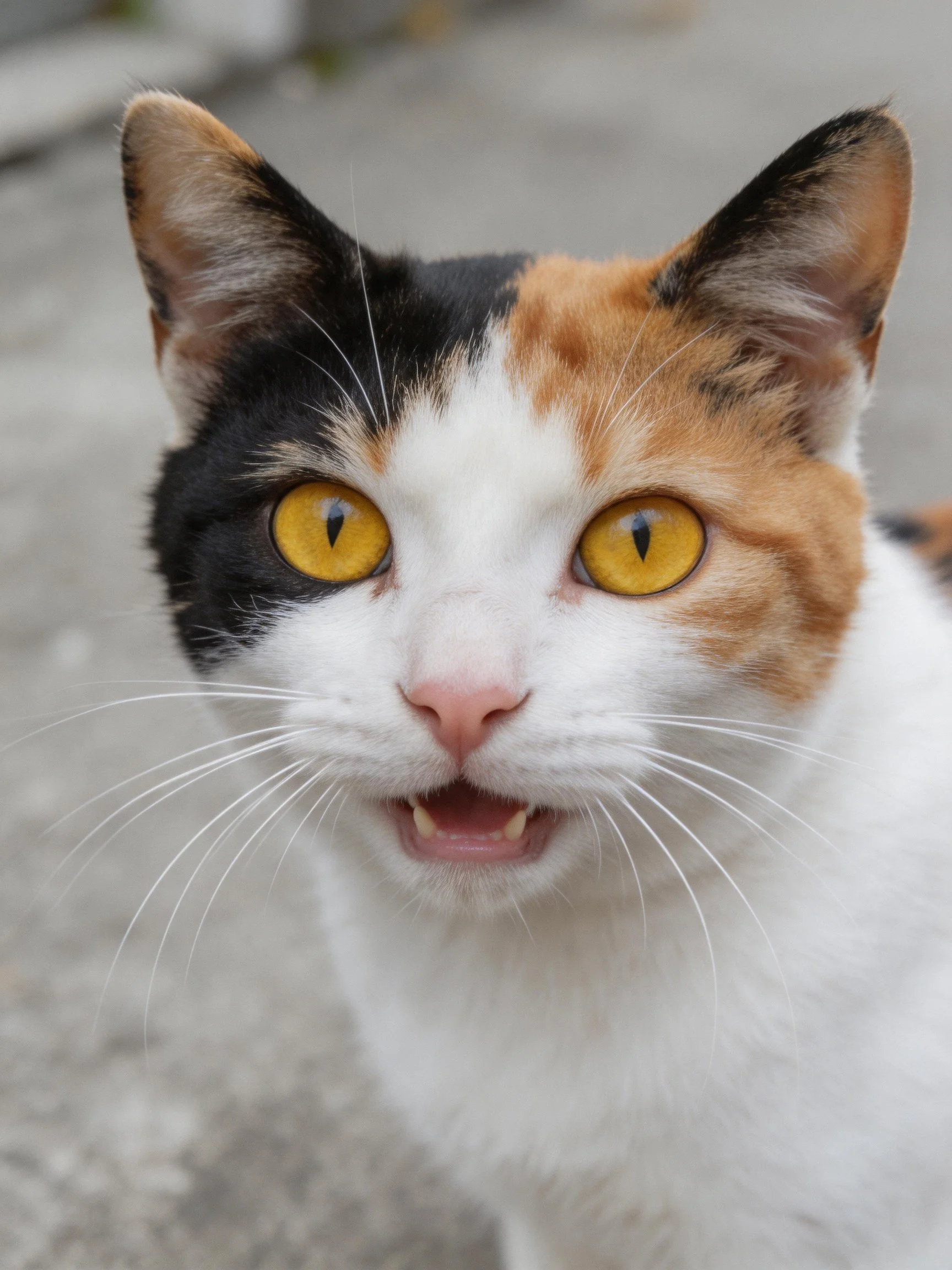 A calico cat with bright yellow eyes and multicolored fur looks directly at the viewer.