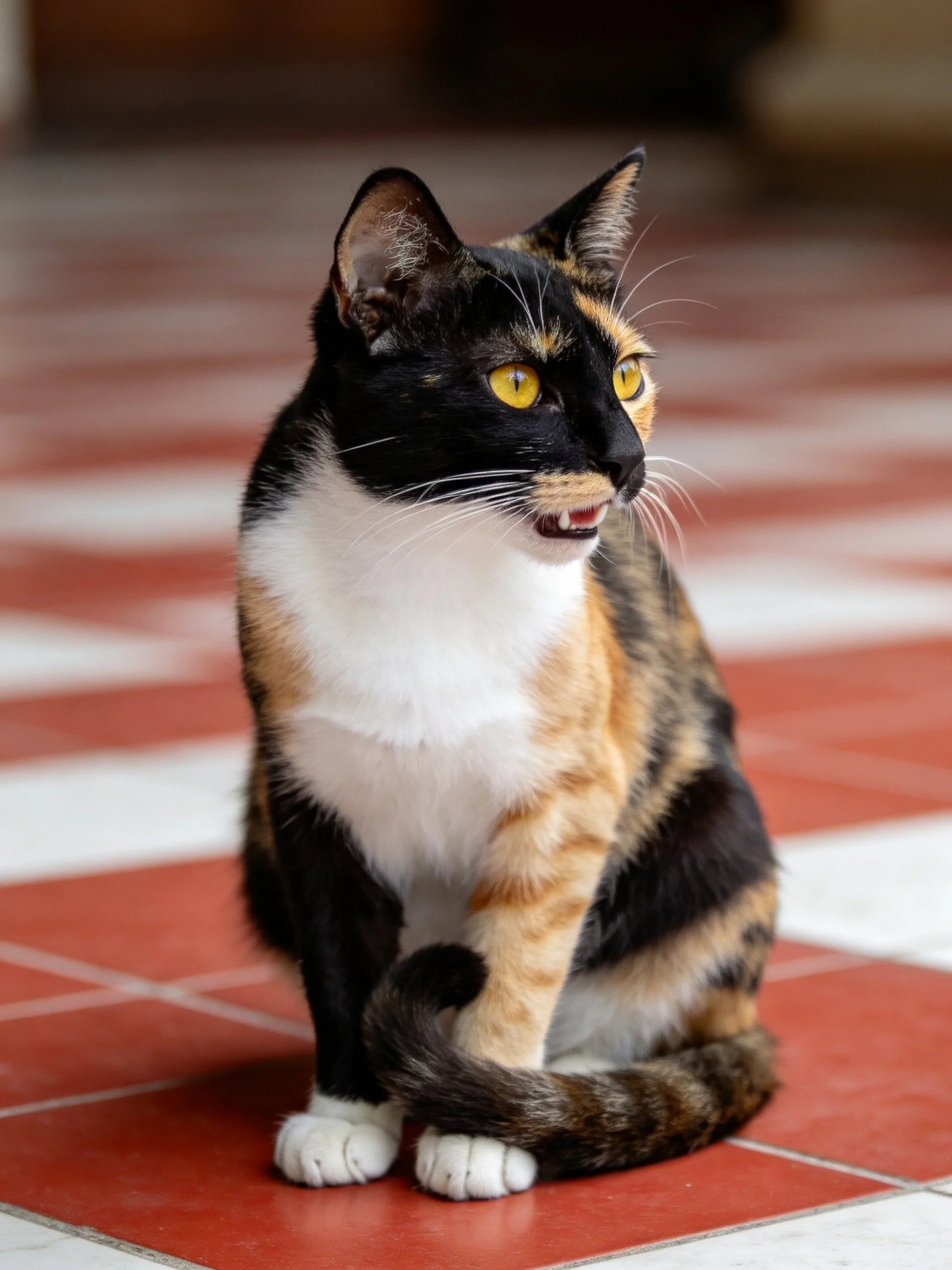 A calico cat with black, white, and tan fur sits on red-and-white tiles.