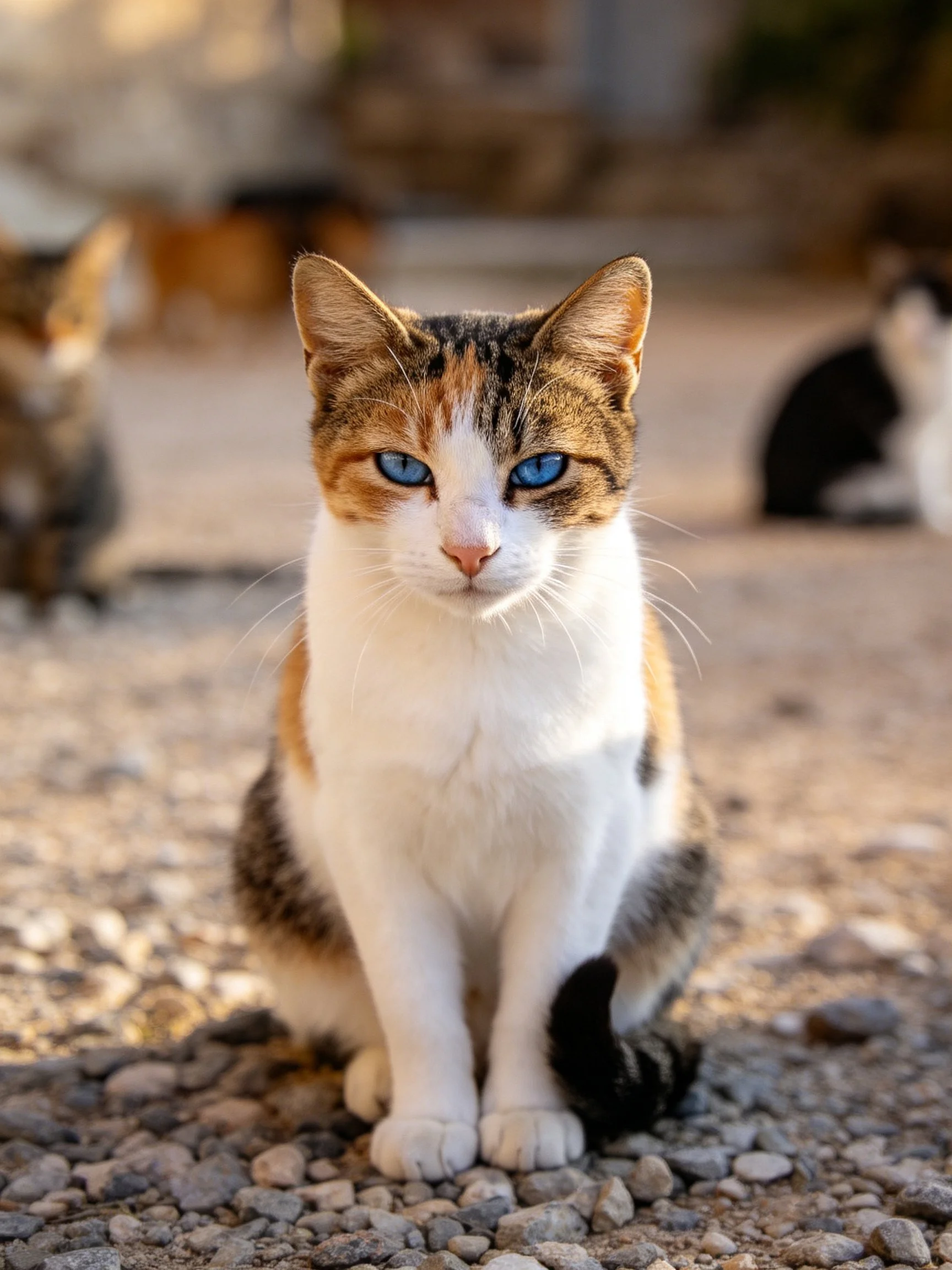A calico cat with blue eyes sits on gravel near other cats