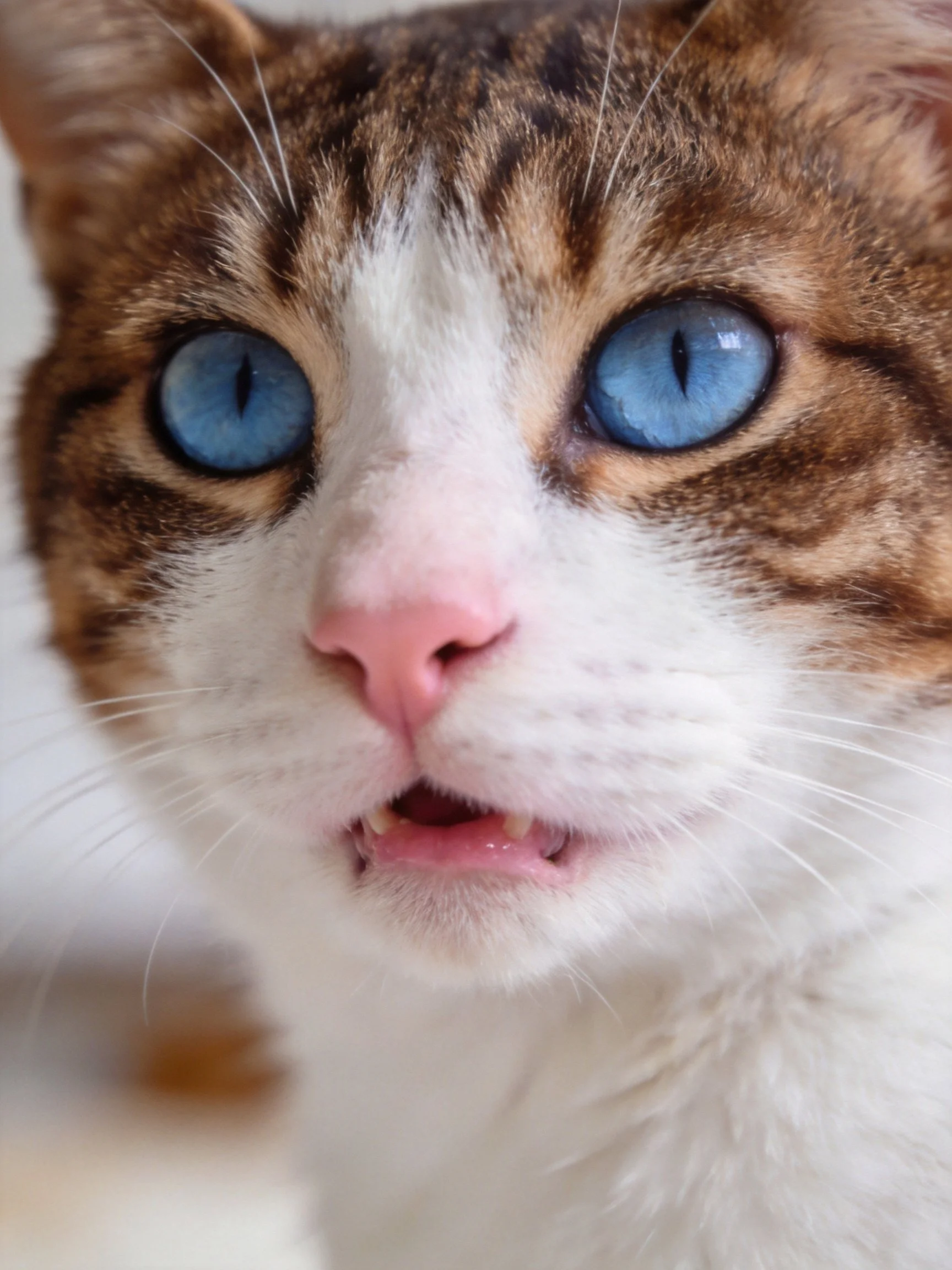 A calico cat with bright blue eyes and brown and white fur