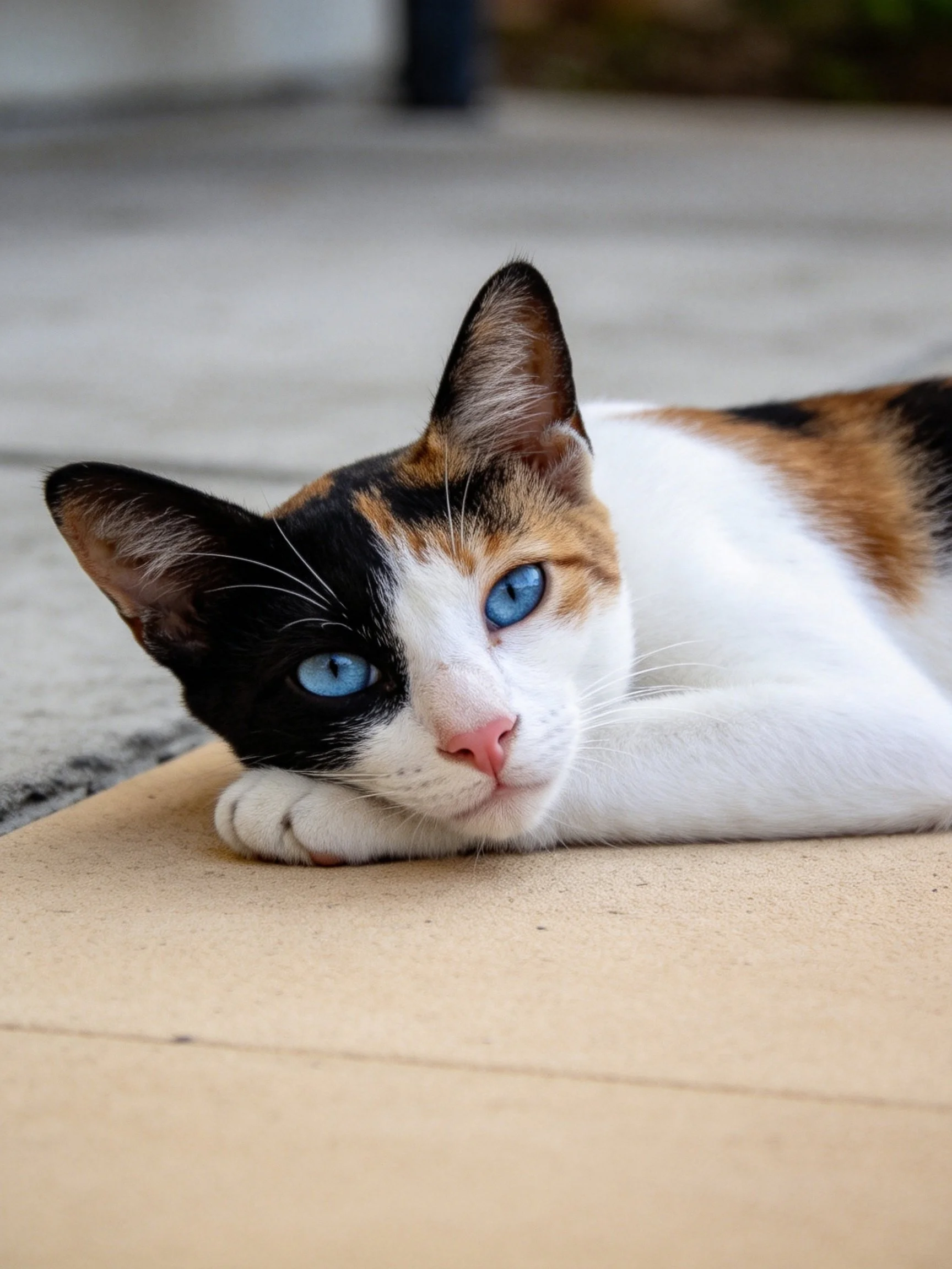 A calico cat with bright blue eyes resting on a tiled surface