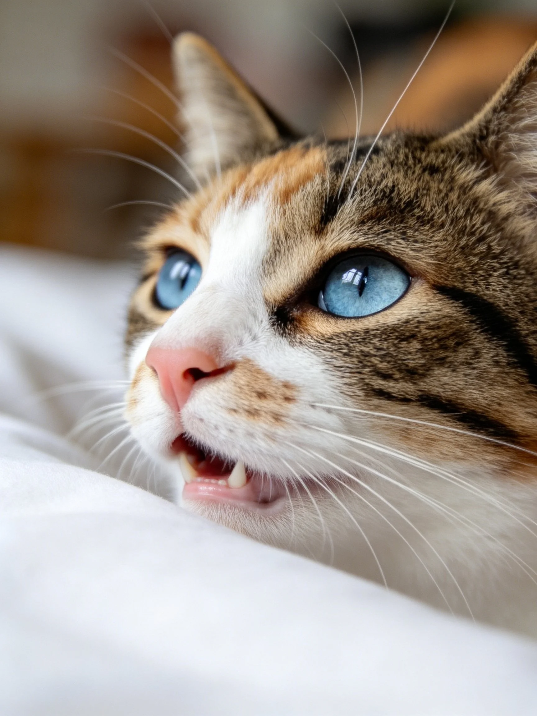 A calico cat with blue eyes rests on white fabric.
