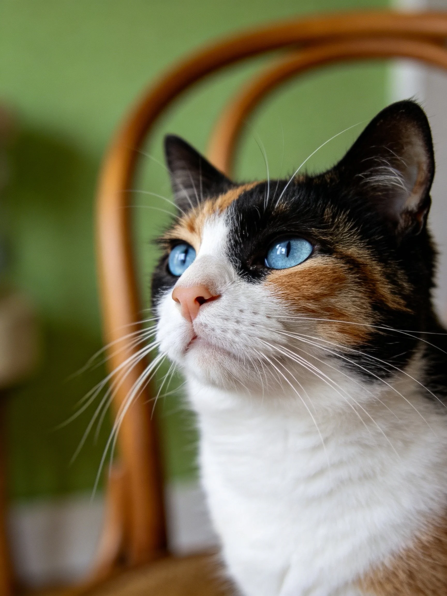 A calico cat with blue eyes sits near a wooden chair