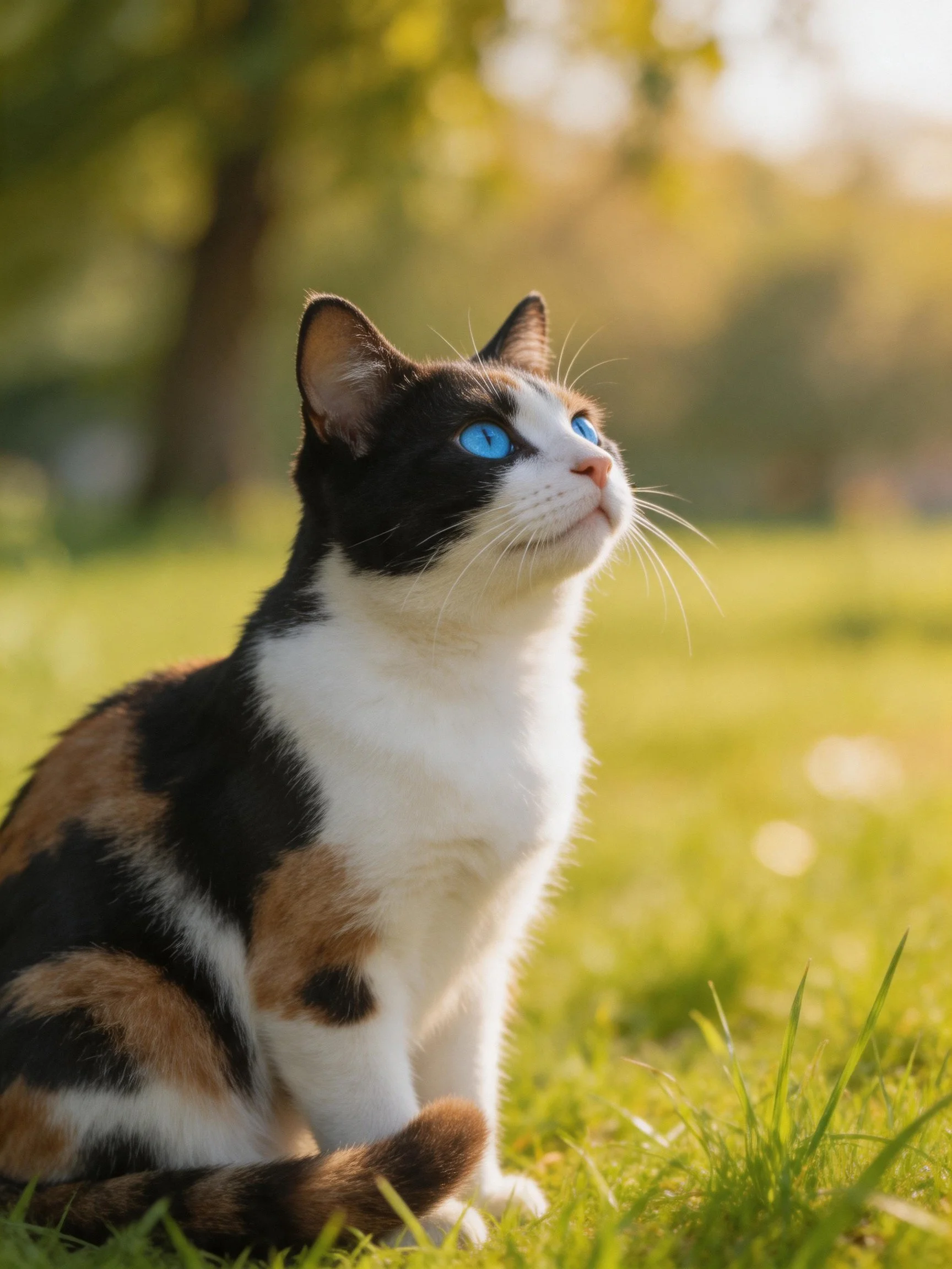 A calico cat with bright blue eyes sits on sunlit grass
