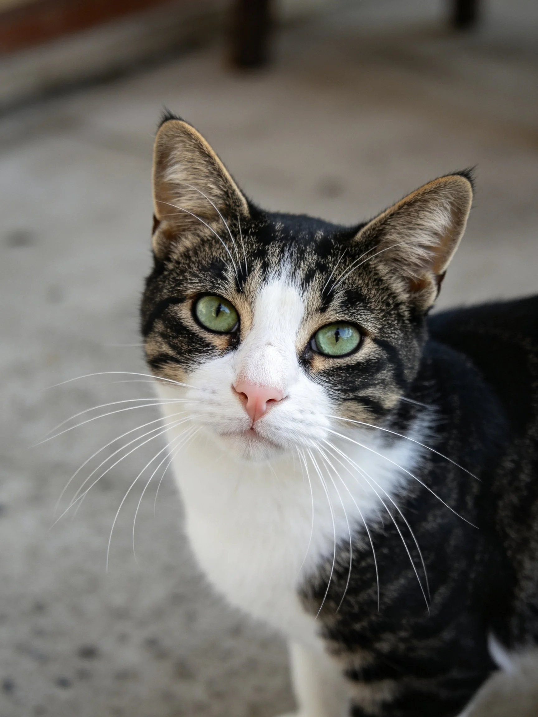 A calico cat with bright green eyes and black-and-white fur