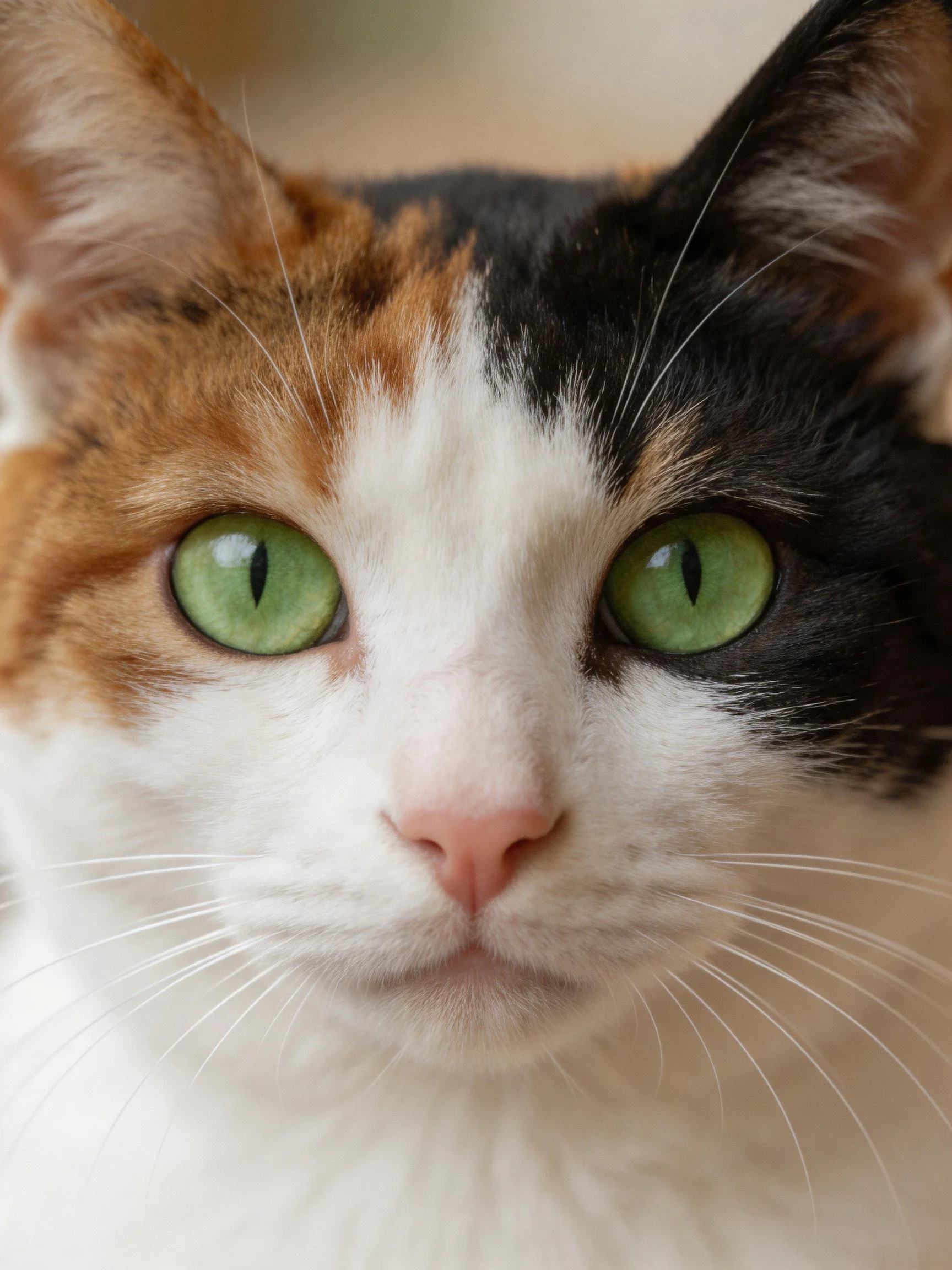 A close-up of a tri-colored calico cat with vibrant green eyes.