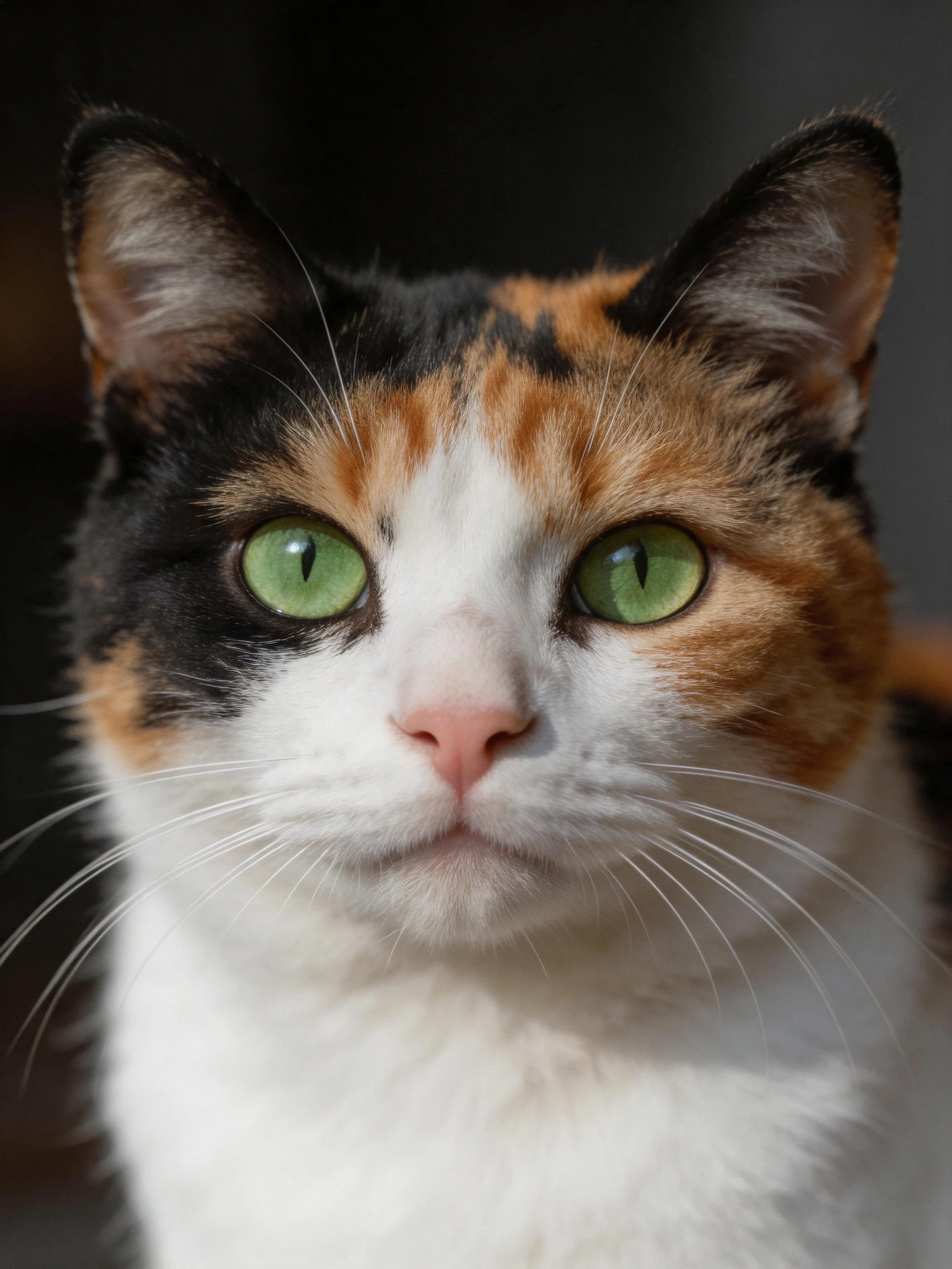 Close-up of a calico cat with vivid green eyes
