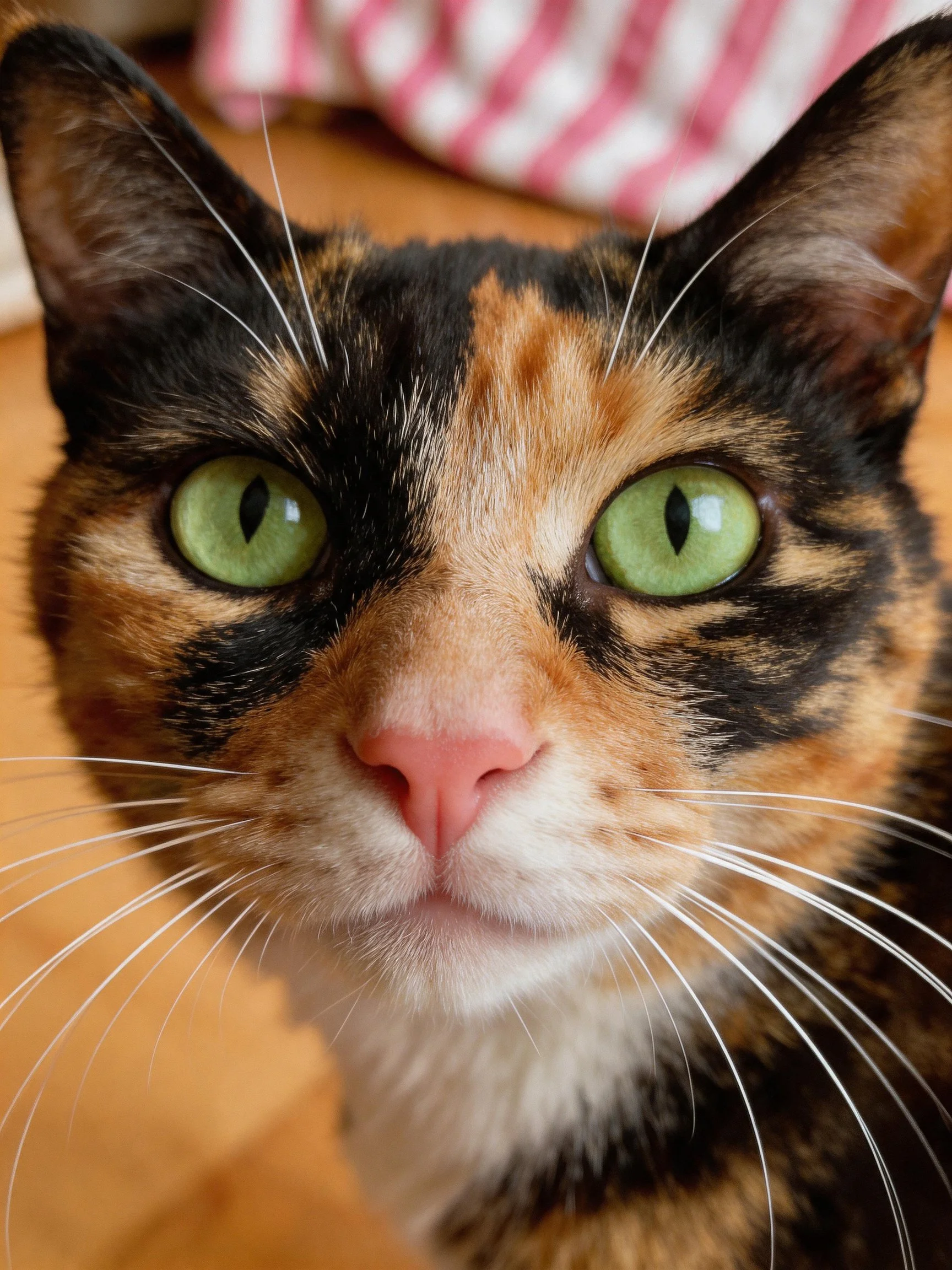 A calico cat with bright green eyes and multicolored fur