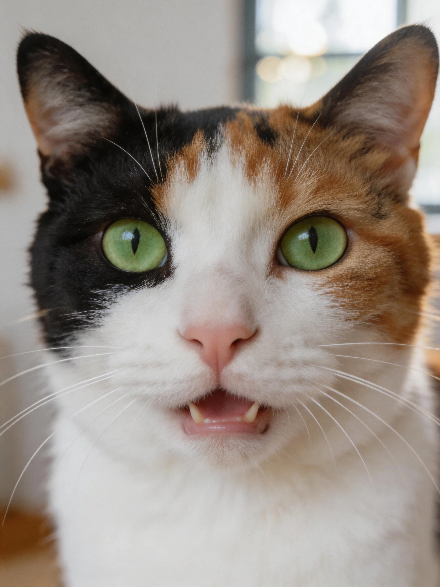 A calico cat with green eyes is photographed up close indoors.