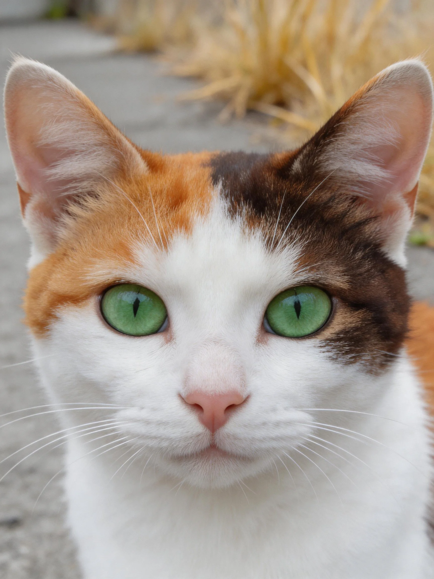 A calico cat with green eyes gazes directly at the camera.