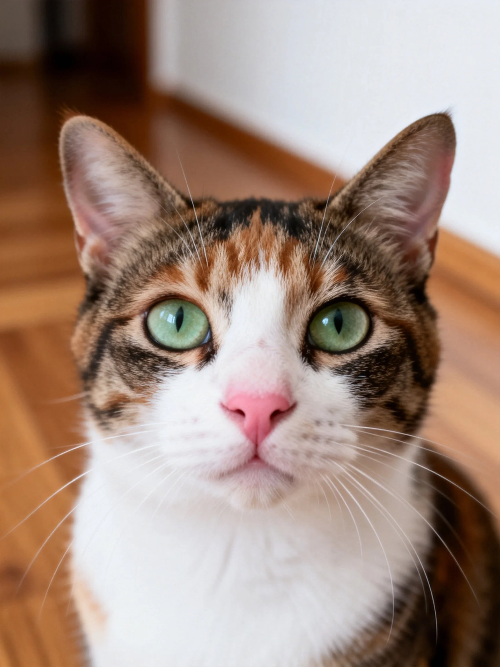 A calico cat with bright green eyes and pink nose