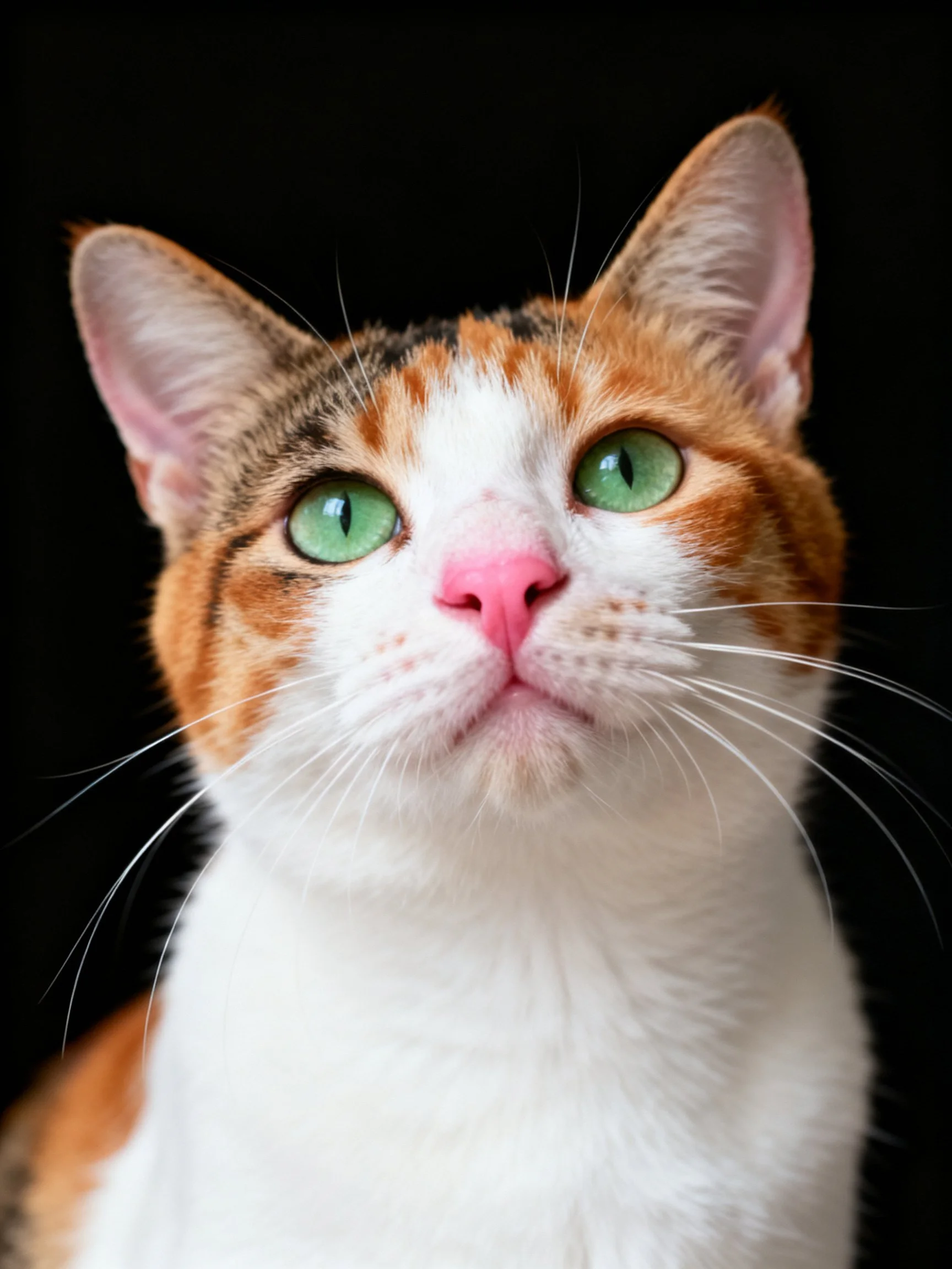 A calico cat gazes upward with striking green eyes.