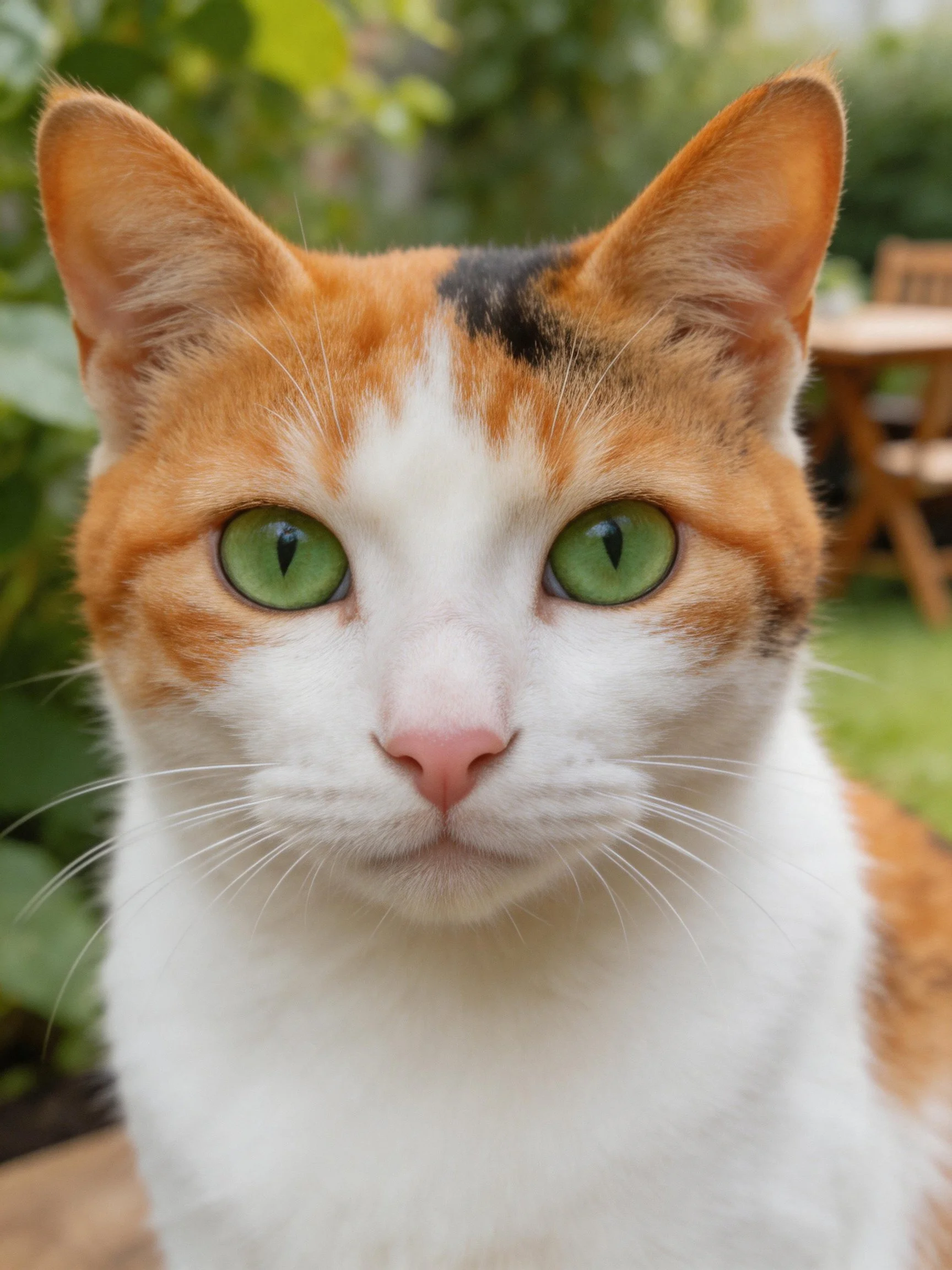 A calico cat with green eyes is set in a garden environment.
