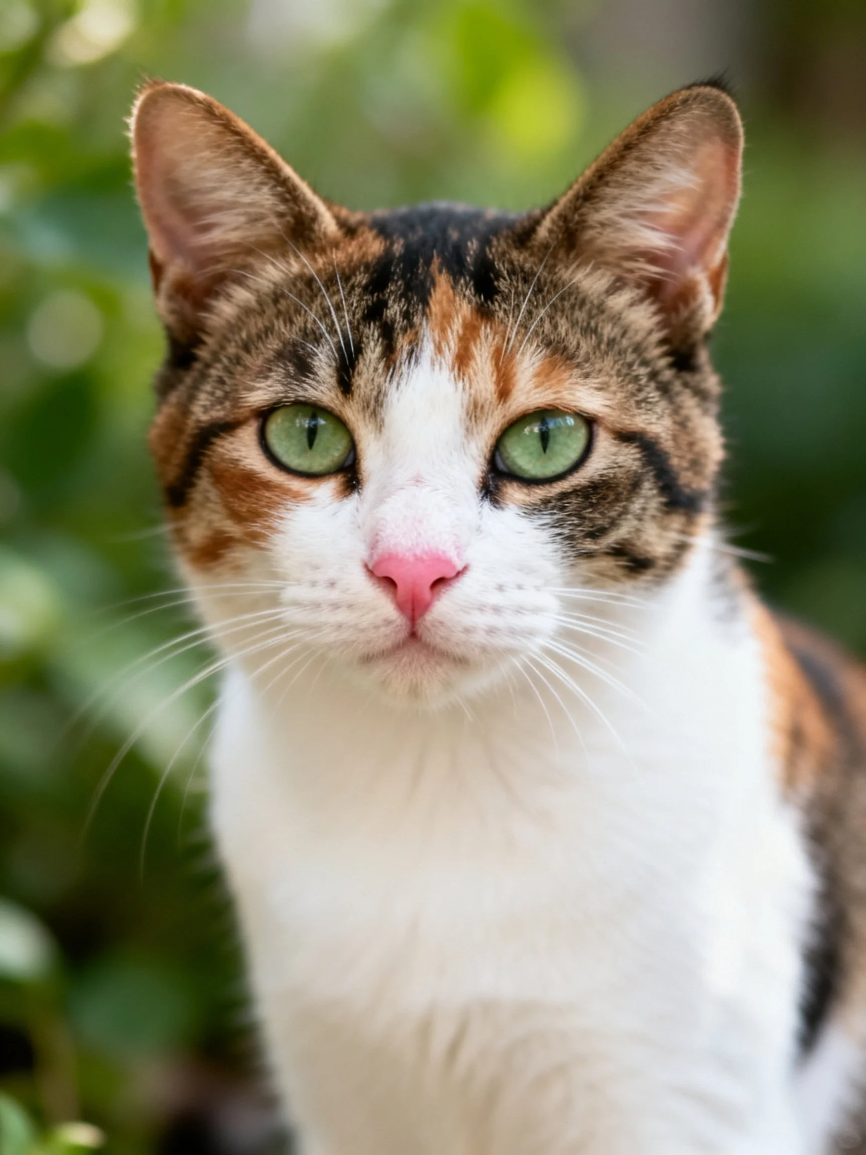 A calico cat with striking green eyes is photographed outdoors amid greenery.
