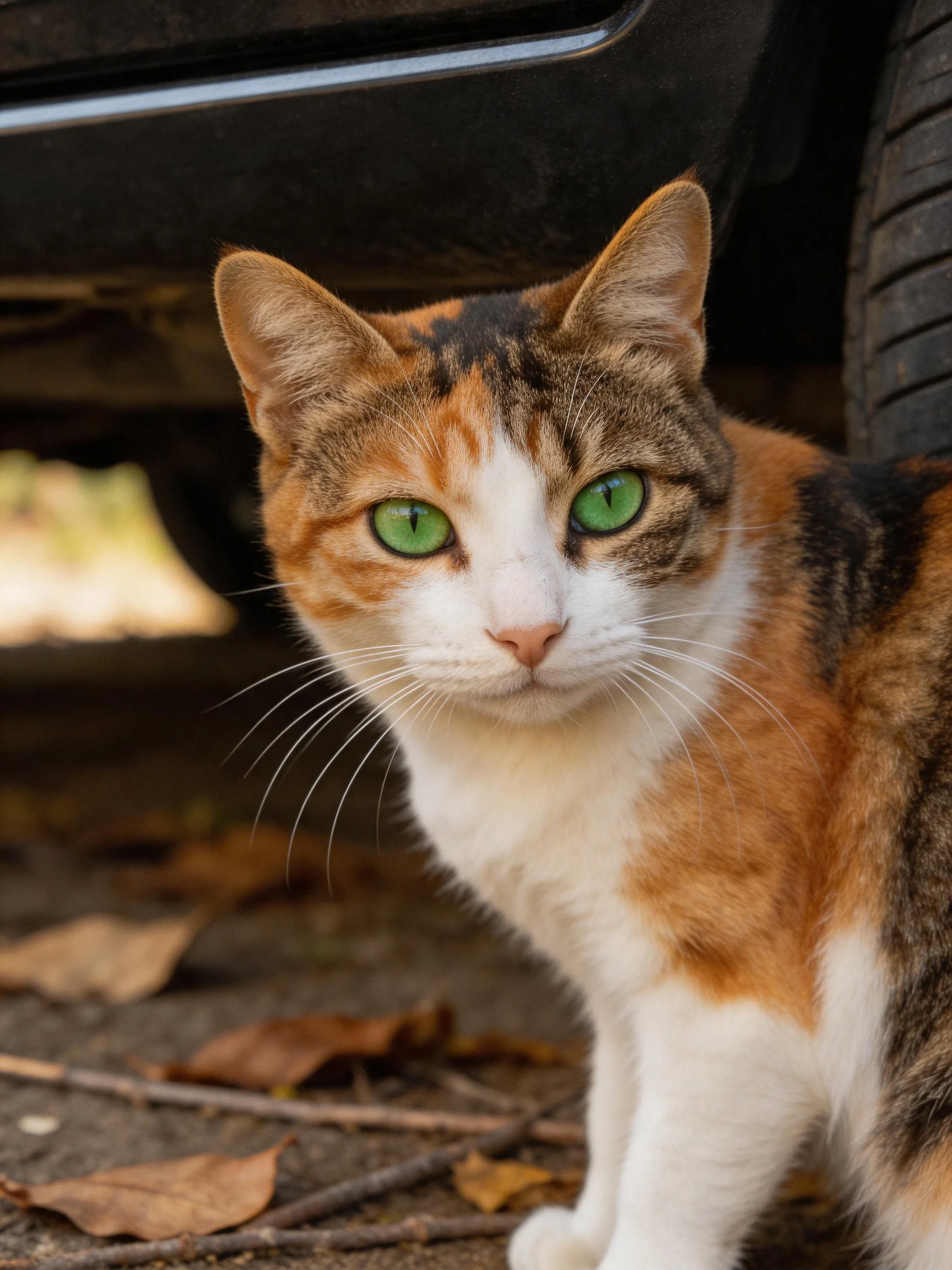 A calico cat with bright green eyes is near a black vehicle.