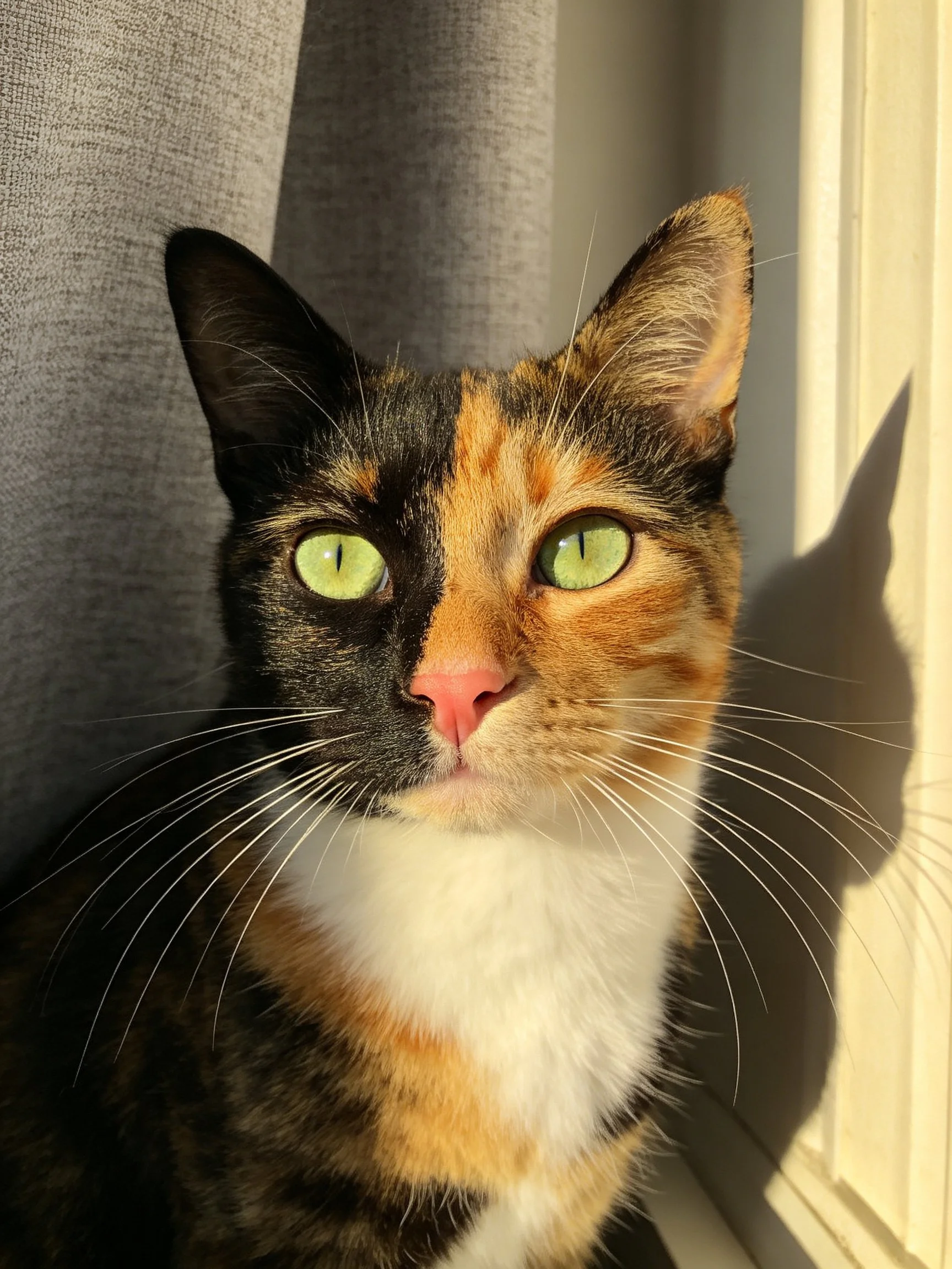 A calico cat with bright green eyes sits near a gray curtain in sunlit surroundings.