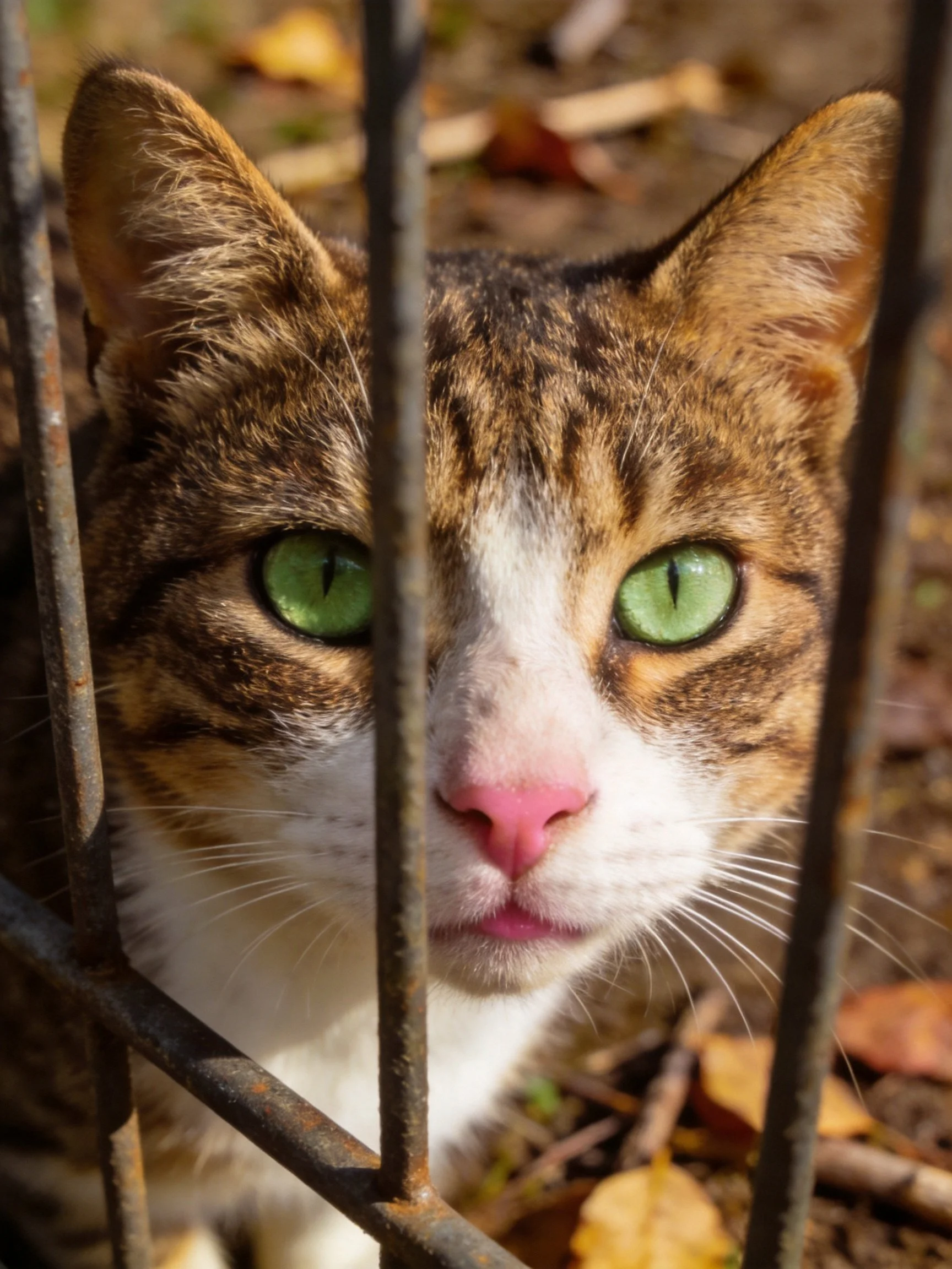 A calico cat with green eyes views through metal bars in an outdoor setting.