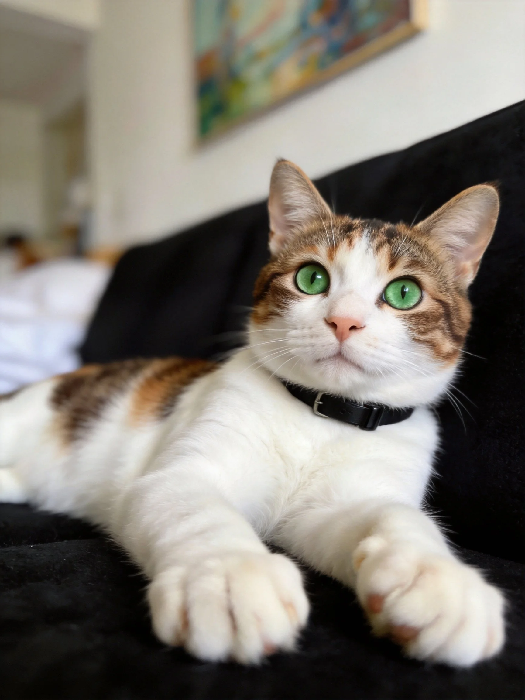 A calico cat with green eyes relaxes on a black couch indoors.