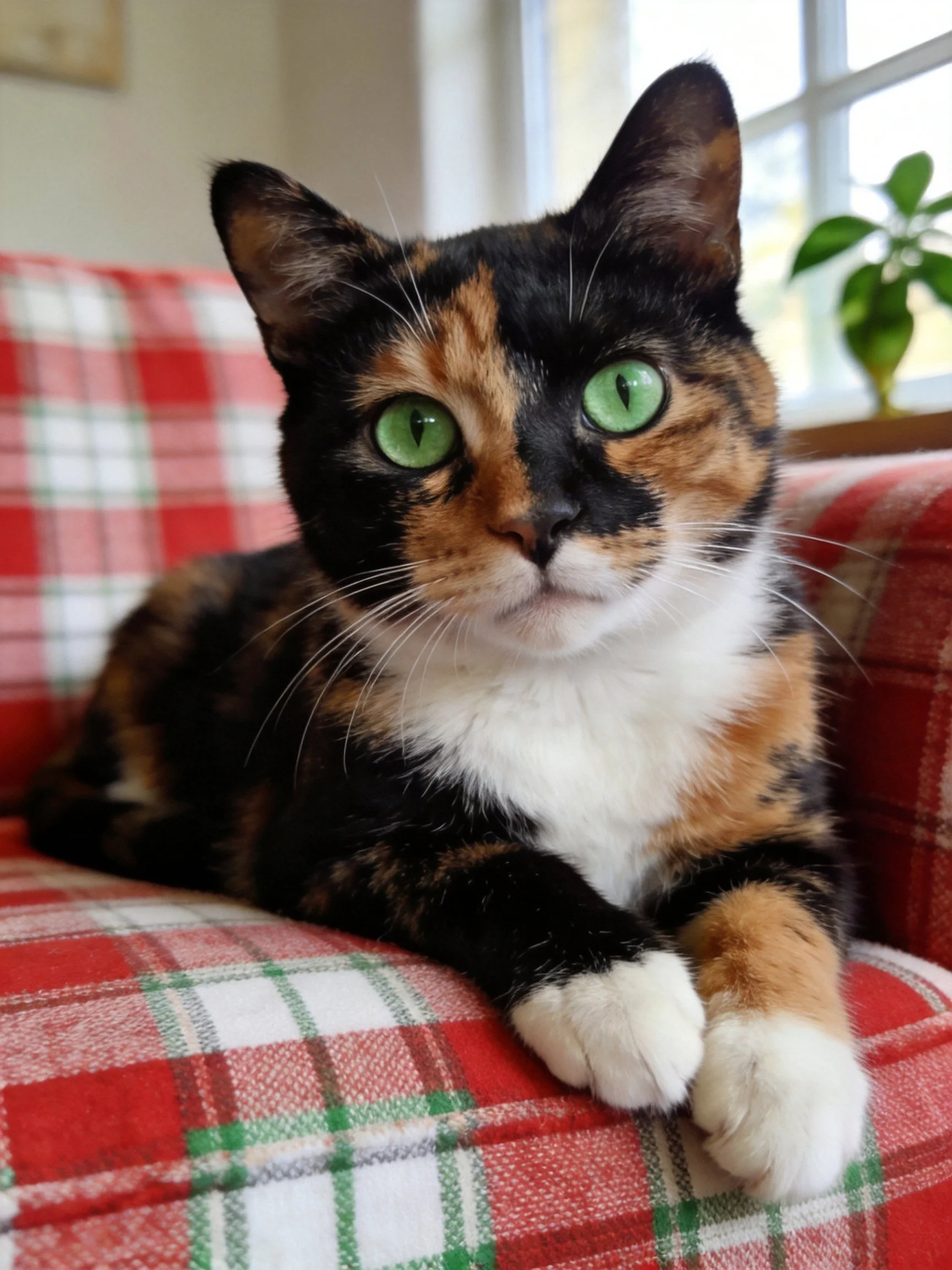 A calico cat with green eyes relaxes on a red plaid couch by a window.