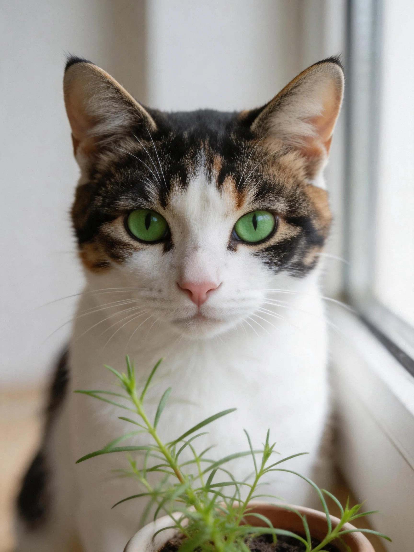 A calico cat with bright green eyes sits beside a potted plant near a window.