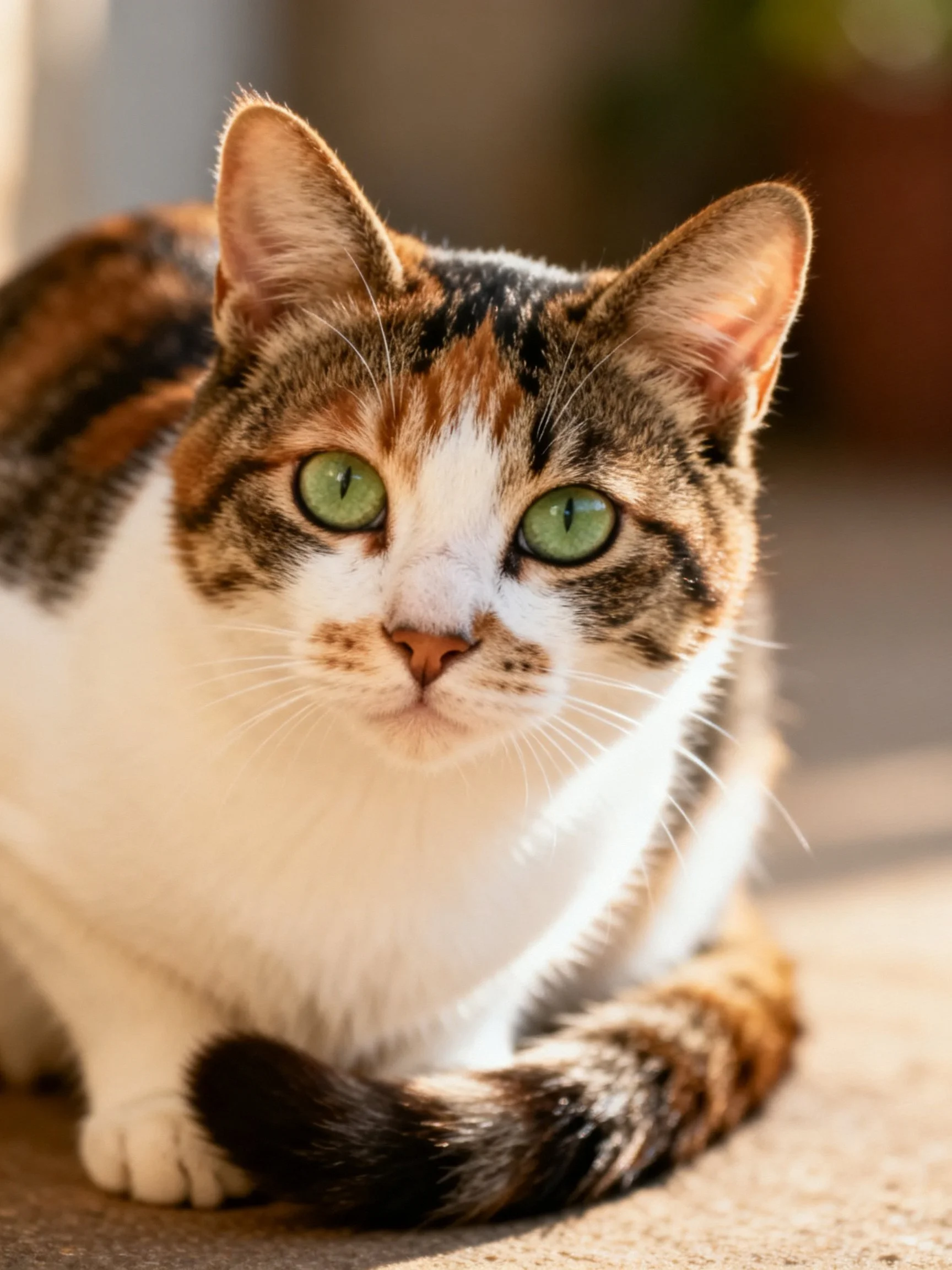 A calico cat with green eyes sits in sunlight