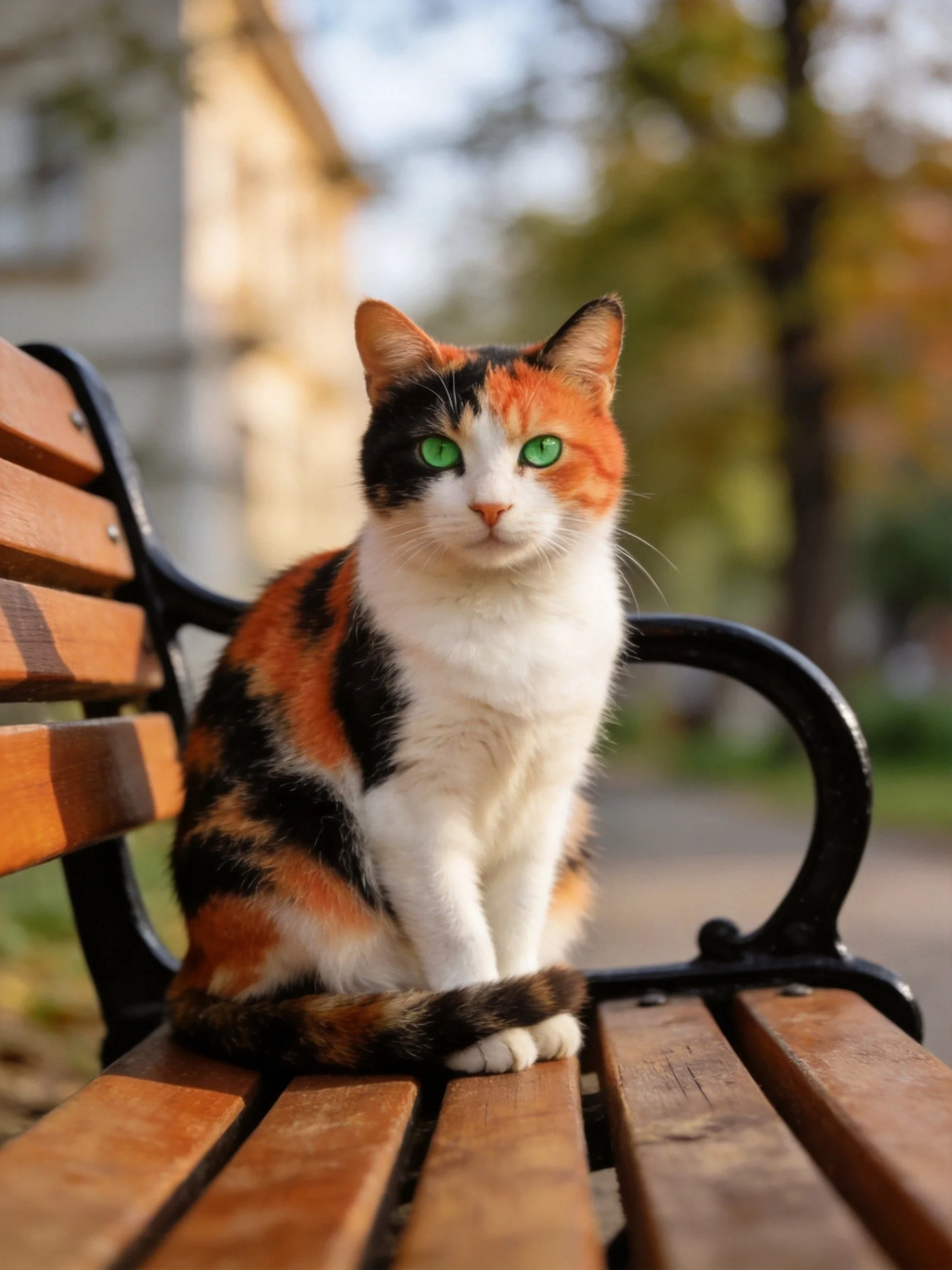 A calico cat with bright green eyes sits on a wooden park bench