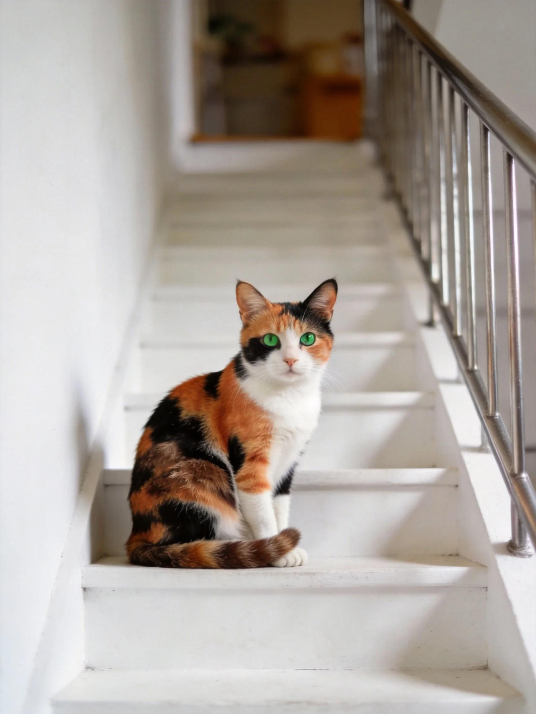 A calico cat with green eyes sits on white stairs beside a metal railing