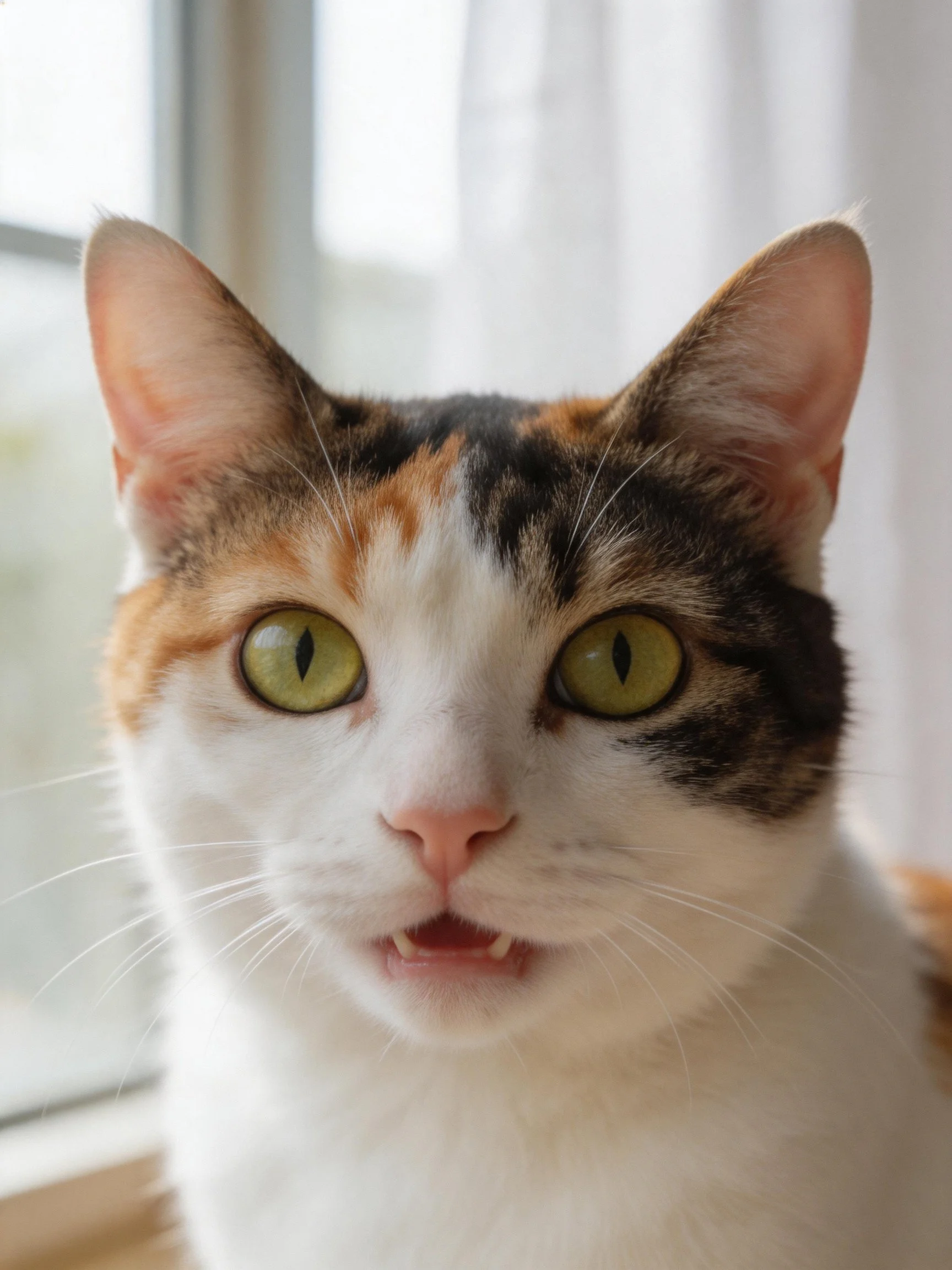 A calico cat with bright green eyes sitting by a bright window