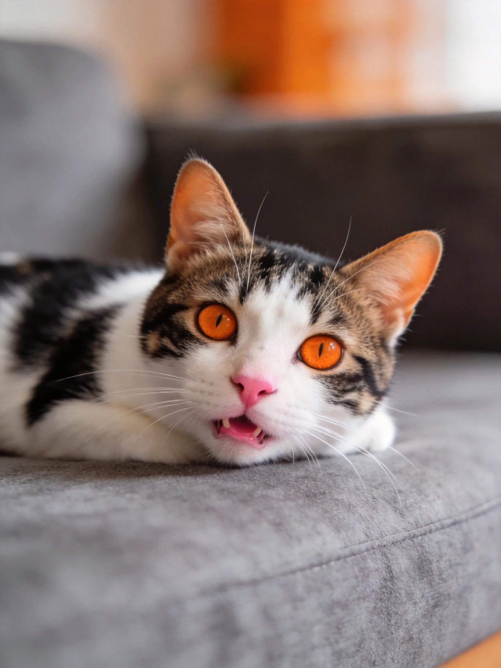 A calico cat with bright orange eyes rests on a gray couch