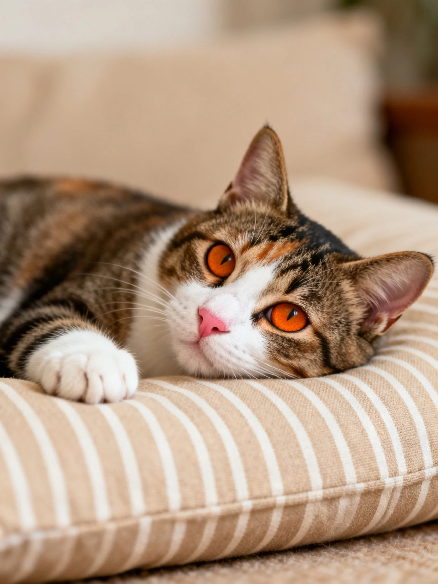 A calico cat with orange eyes relaxes on a striped cushion