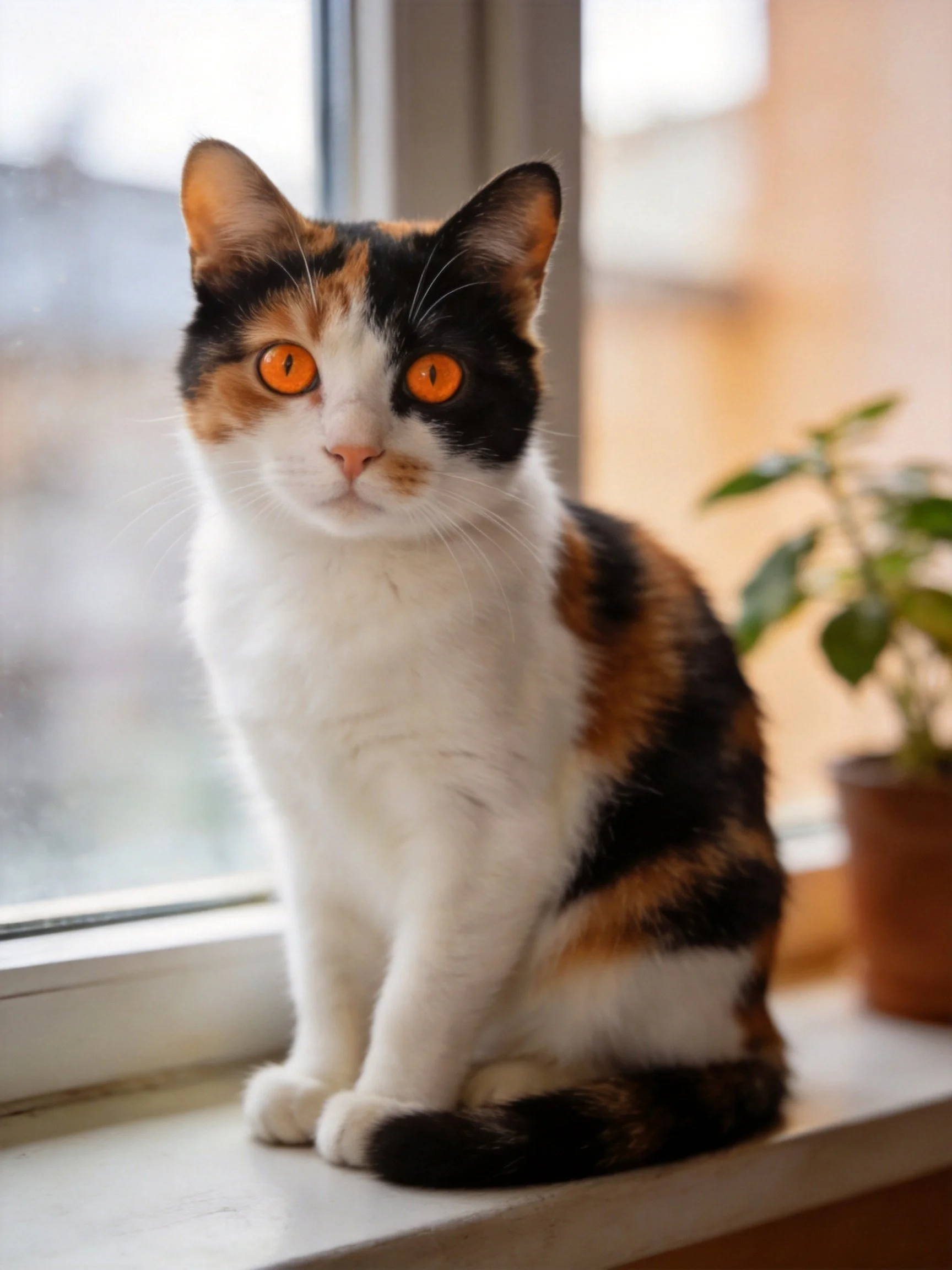 A calico cat with orange eyes sits on a windowsill near a window.