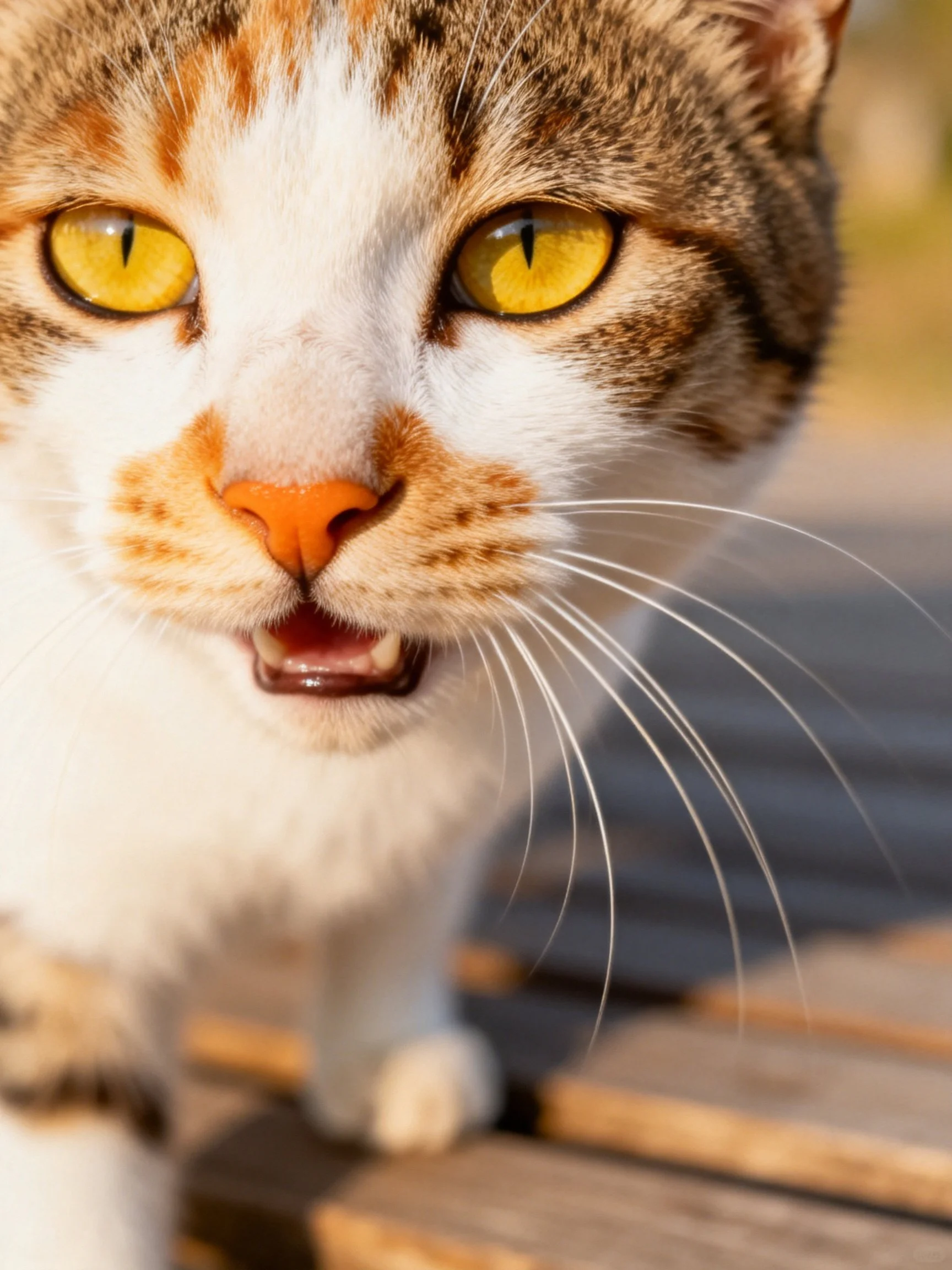 A close - up of a calicocat with bright eyes and an open mouth.