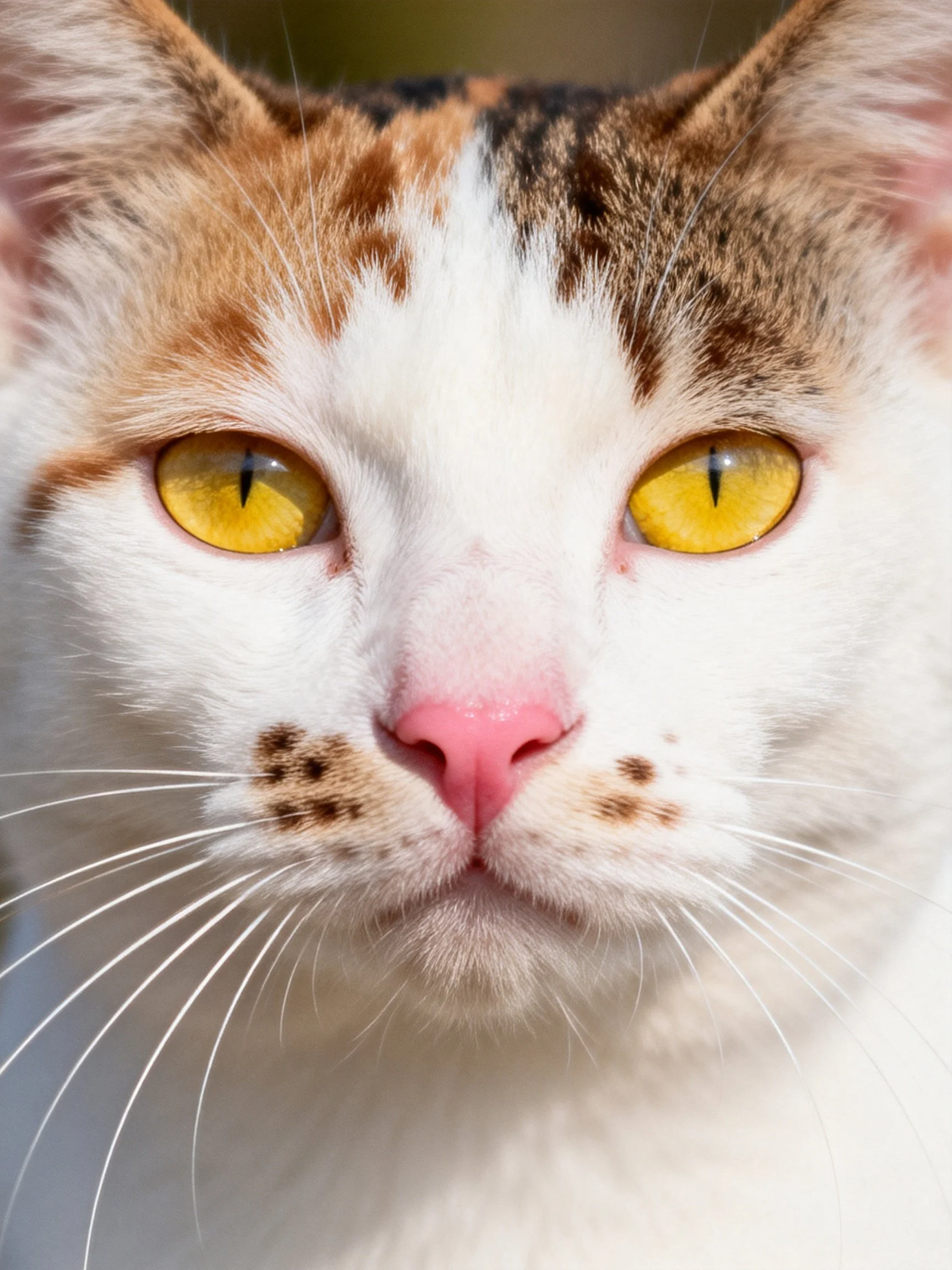 Close-up view of a calico cat with striking yellow eyes and pink nose
