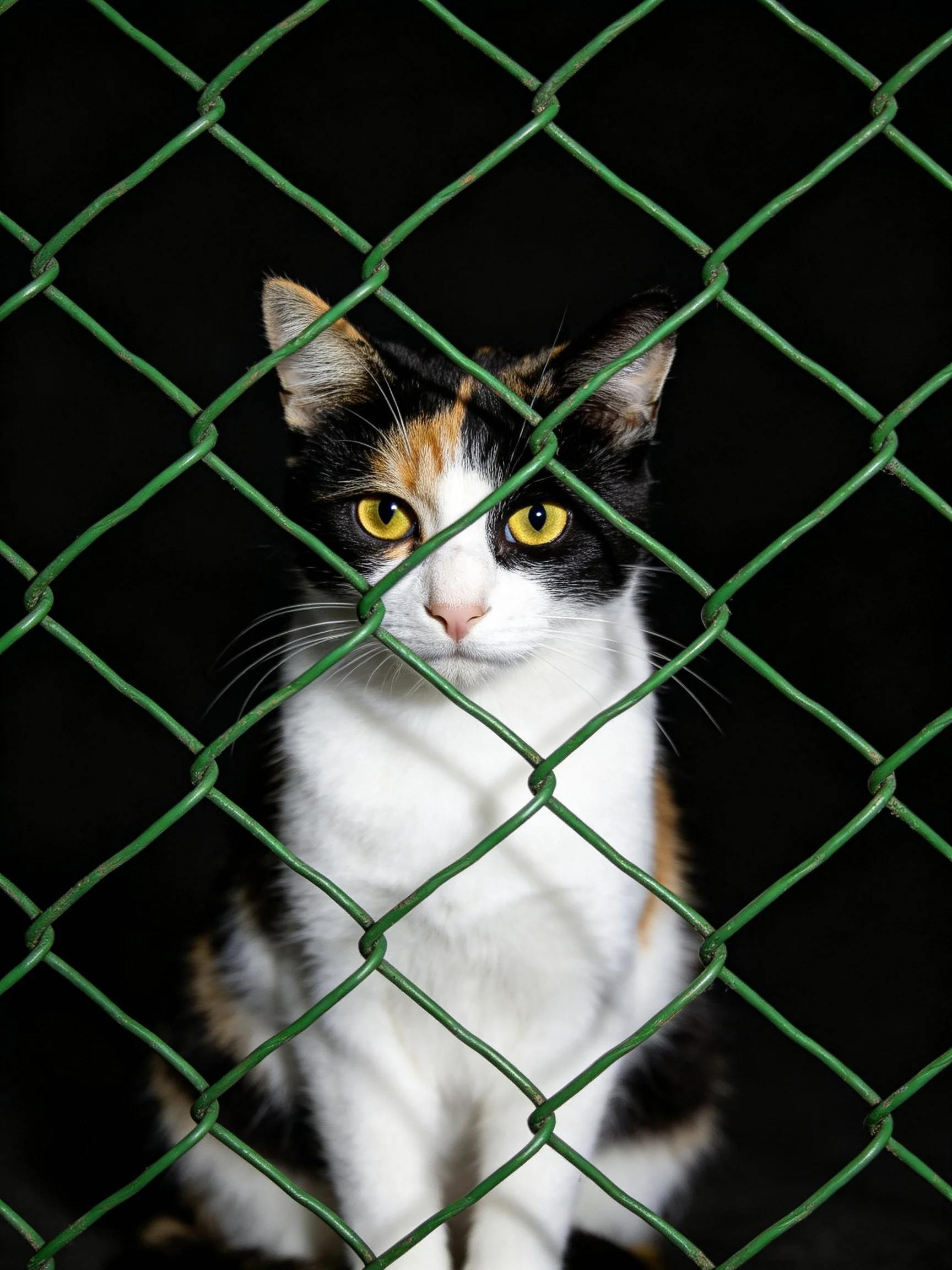 A calico cat with bright yellow eyes is positioned behind a green chain-link fence.
