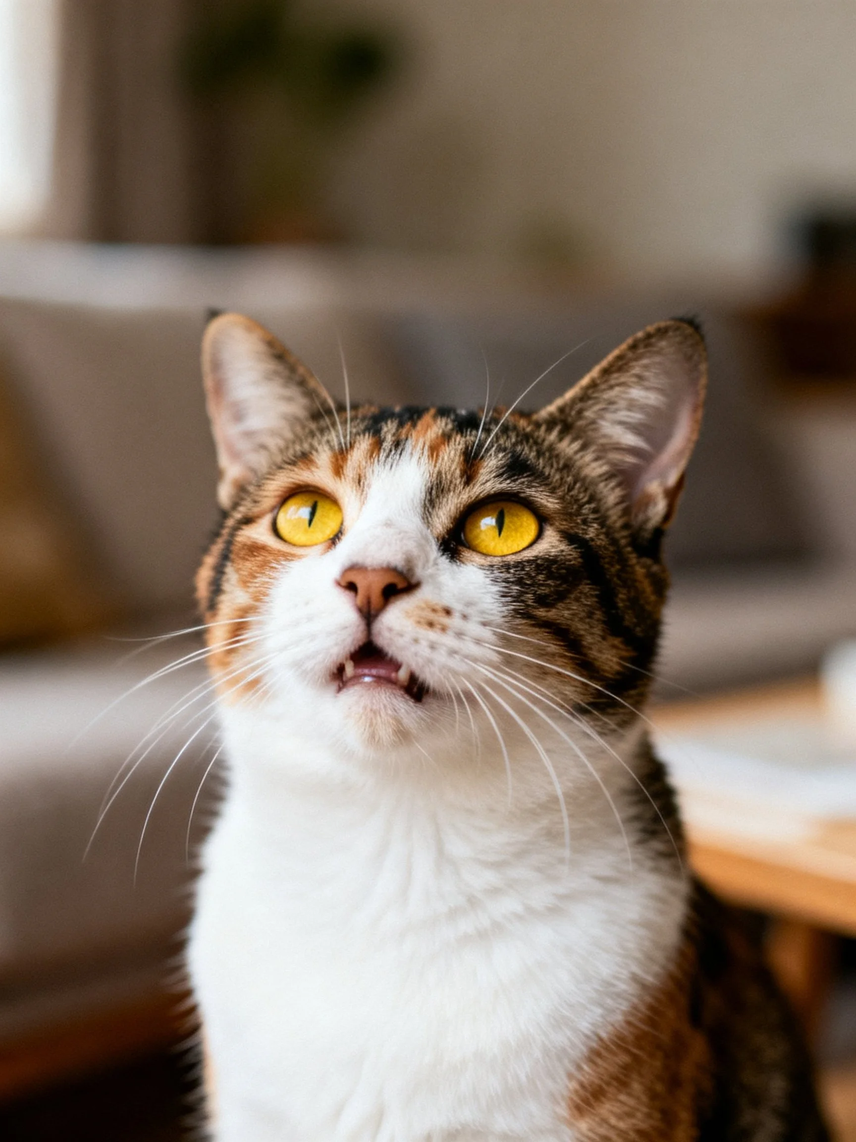 A calico cat with vivid yellow eyes is shown in a softly lit indoor space.