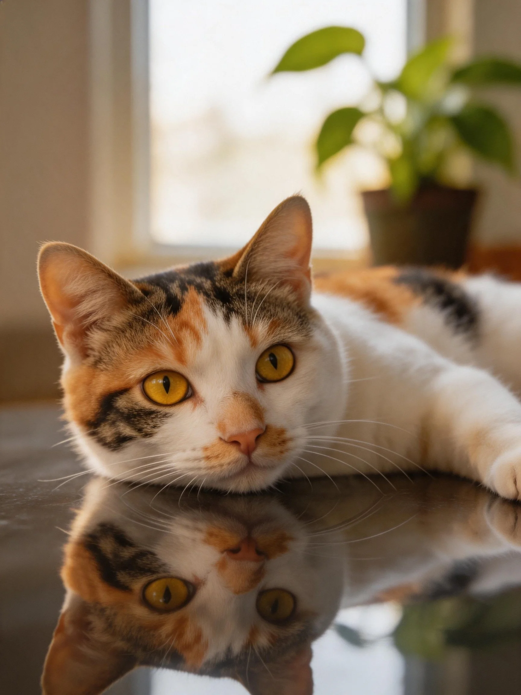 A calico cat with yellow eyes relaxes on a glossy surface beside a potted plant