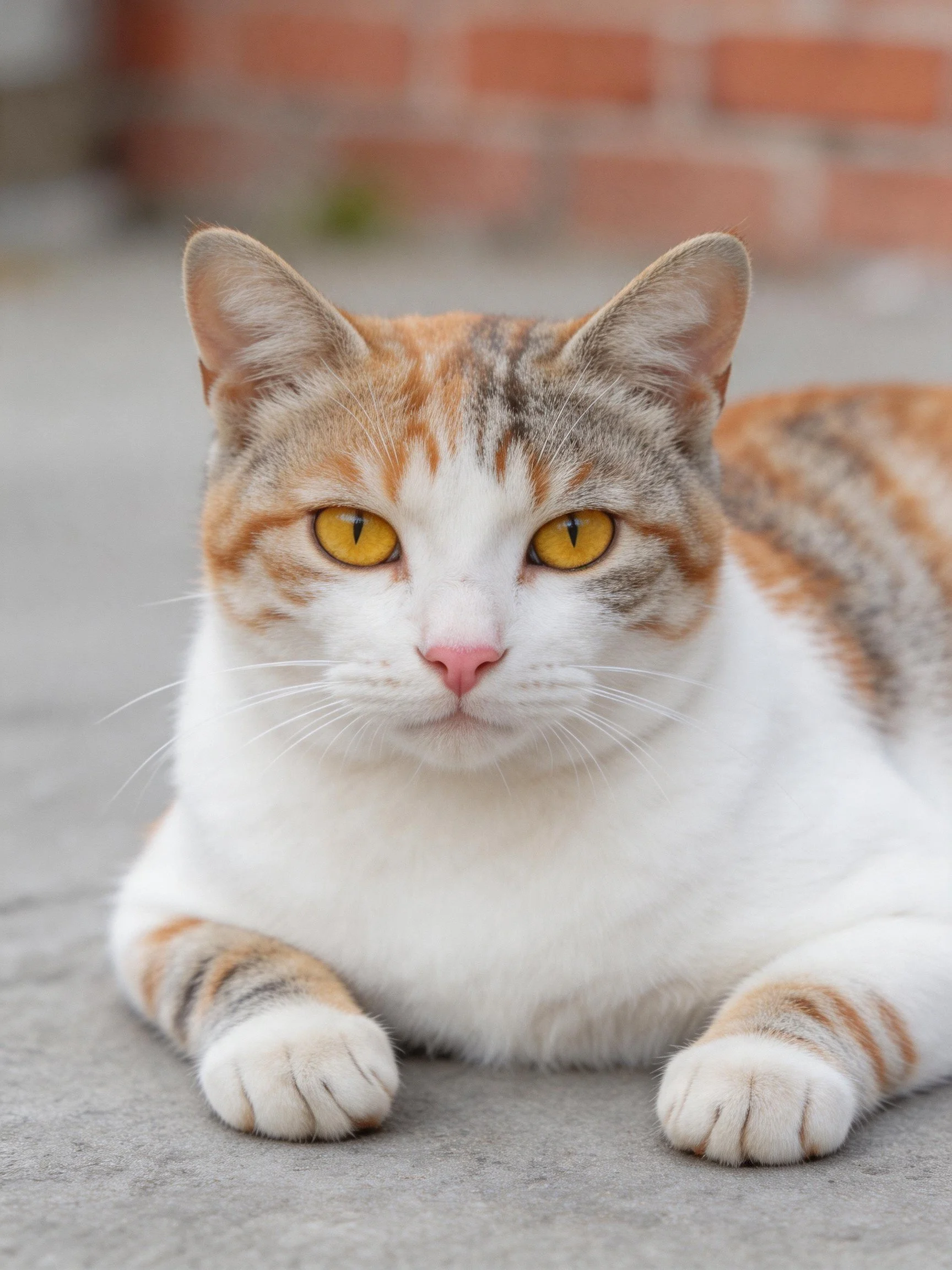 A calico cat with yellow eyes rests on pavement near a brick wall.