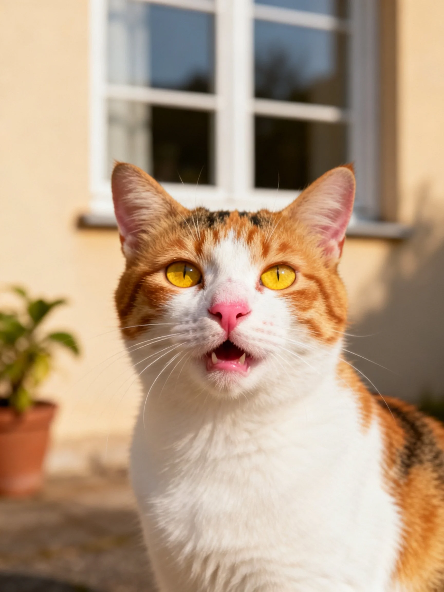 The calico cat with bright yellow eyes is near a house window.