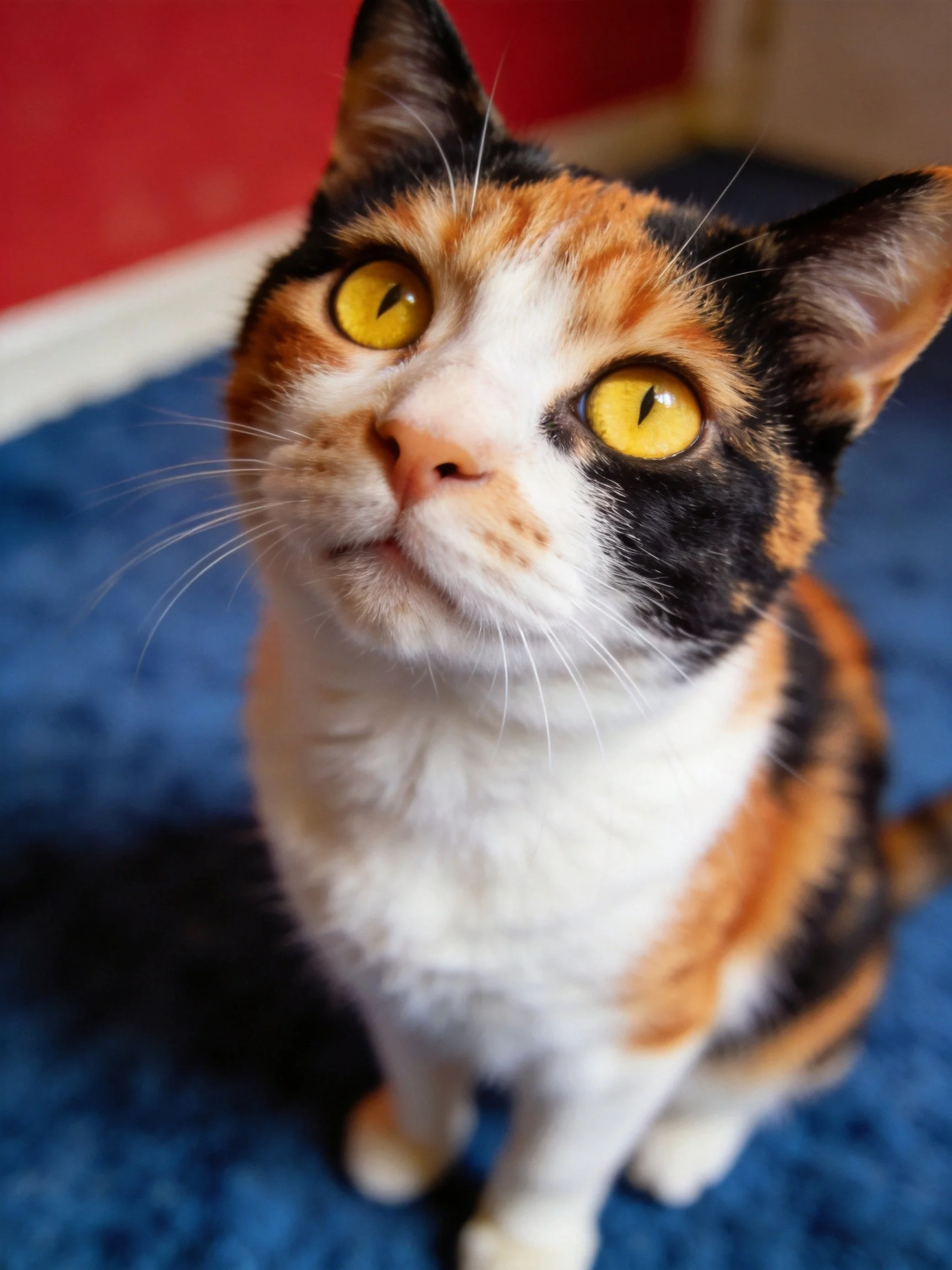 A calico cat with bright yellow eyes sits on a blue carpet indoors.