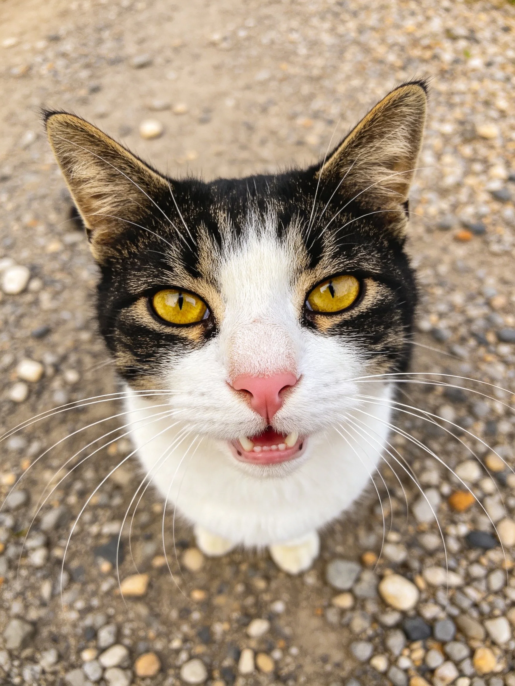 A calico cat with yellow eyes gazes upward on a pebbled surface.