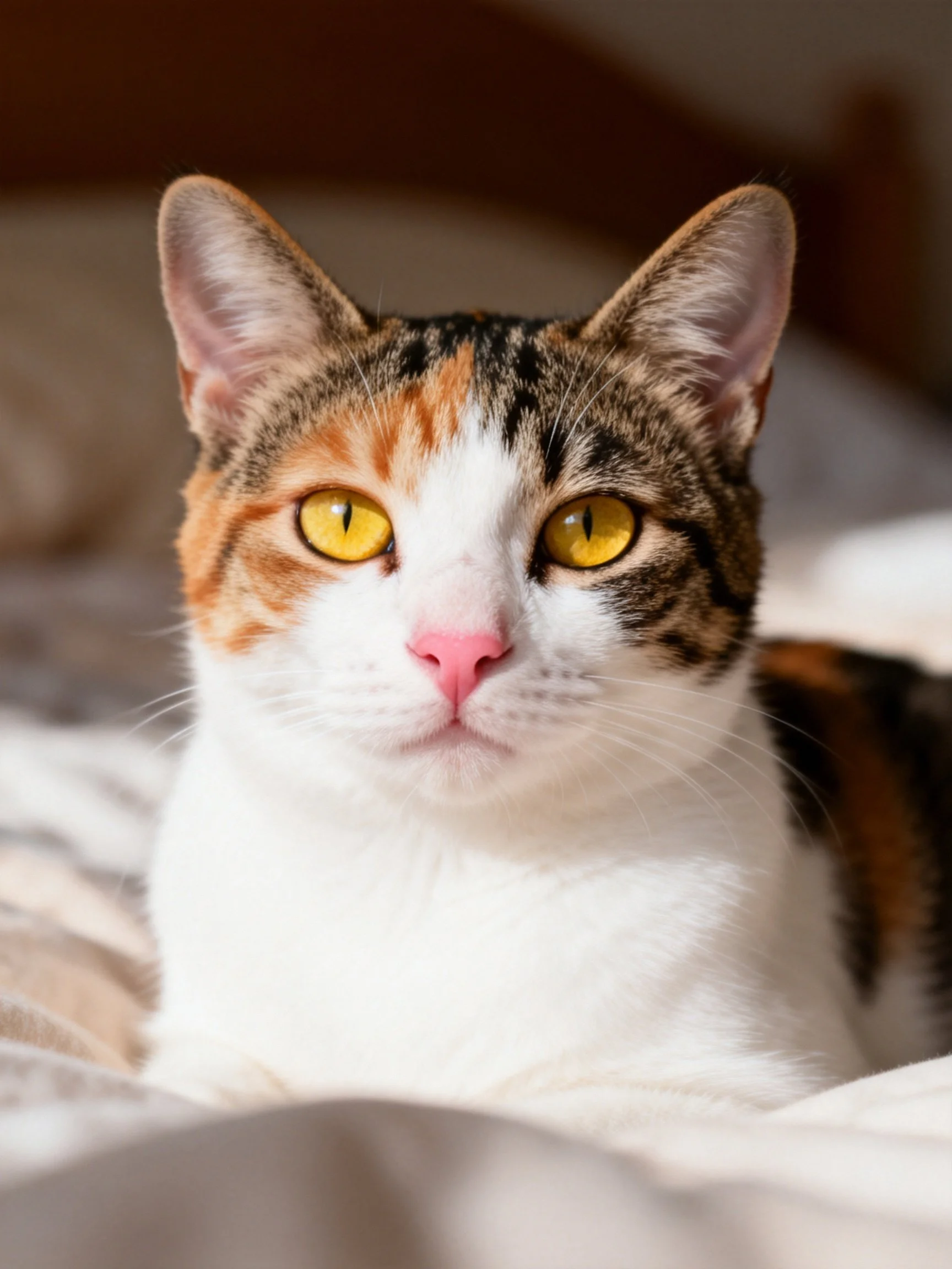 A calico cat with bright yellow eyes rests on soft bedding.