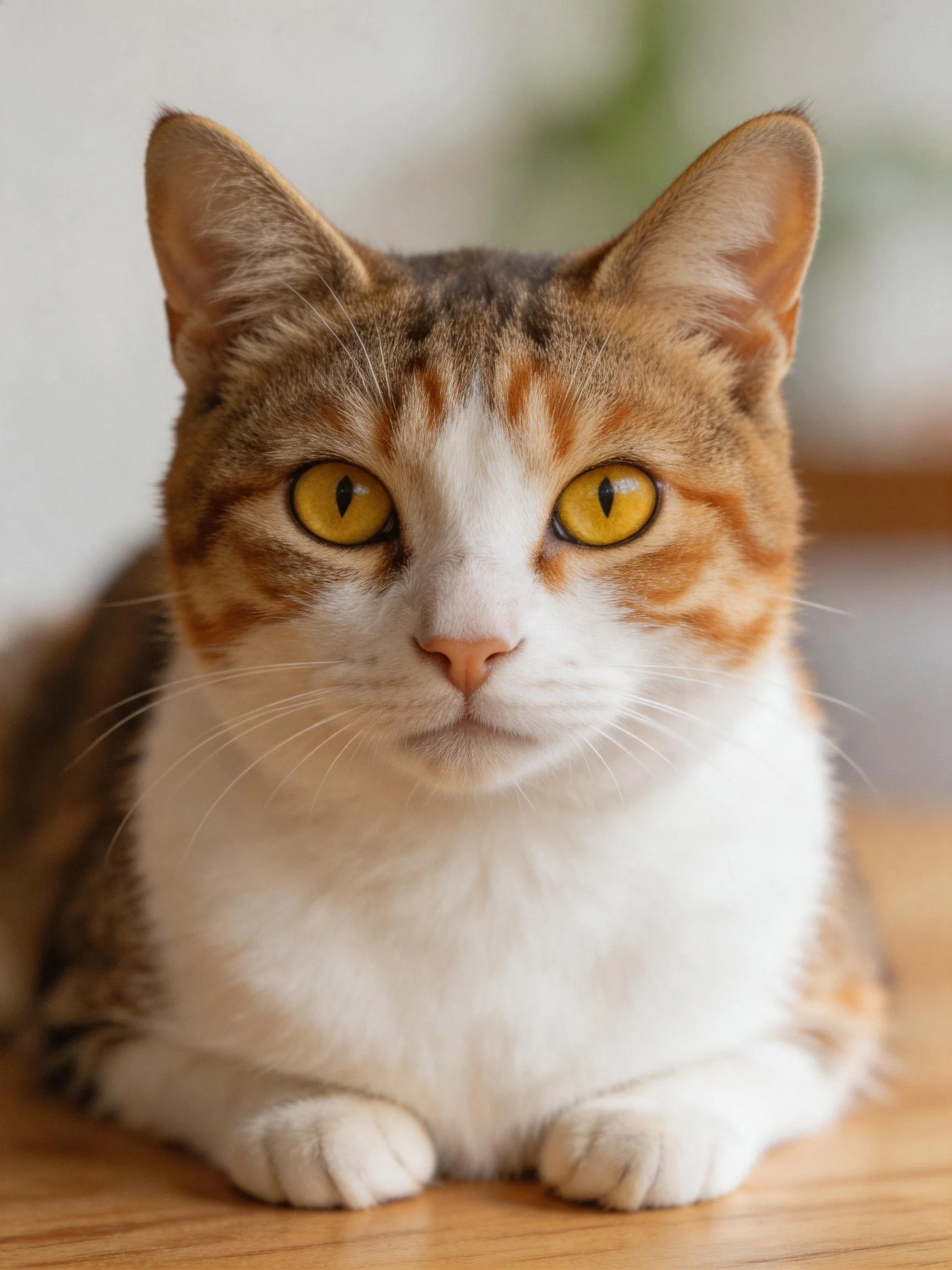 A calico cat with bright yellow eyes rests calmly on a wooden surface.