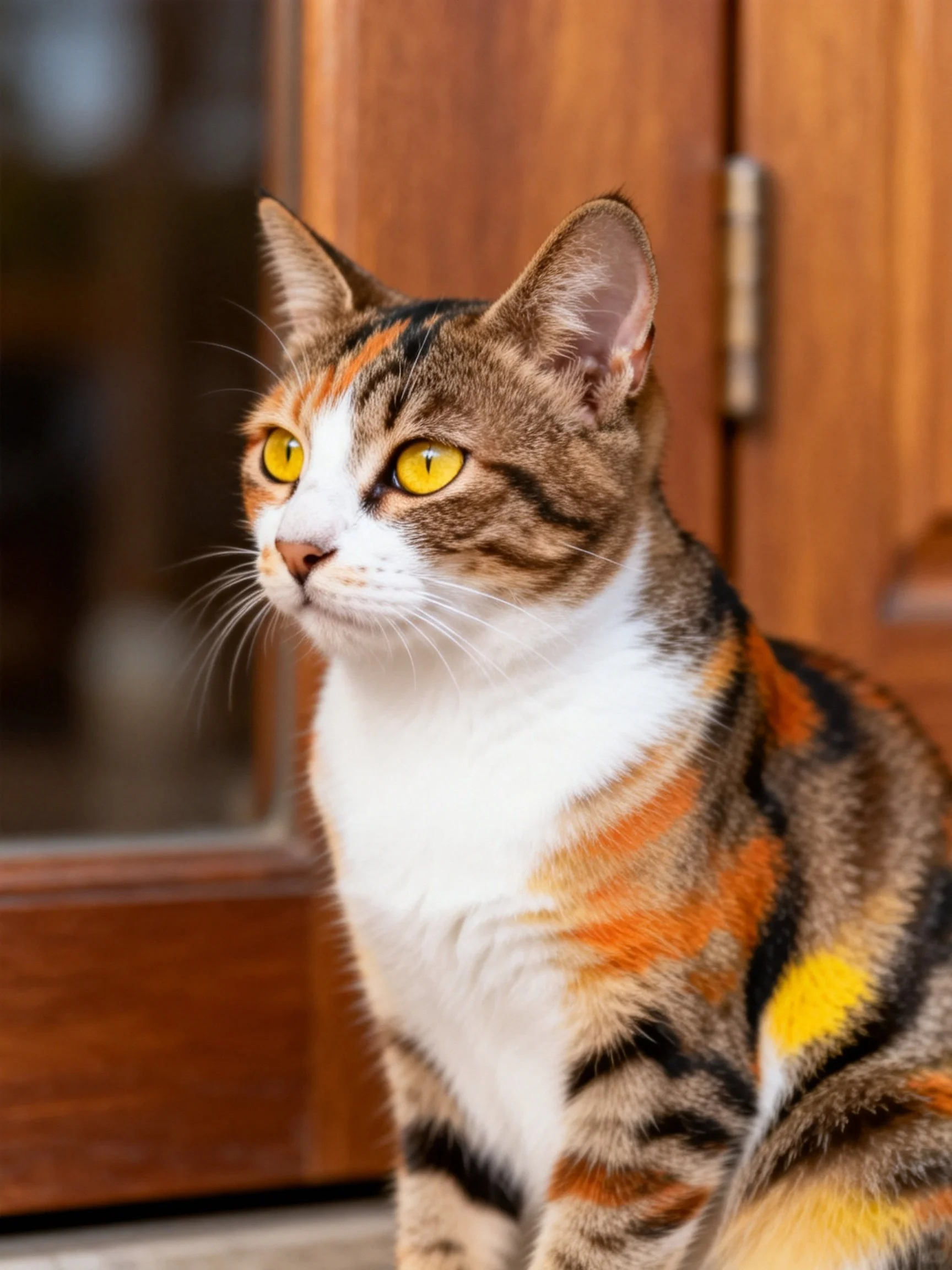 A calico cat with vivid yellow eyes is near wooden doors