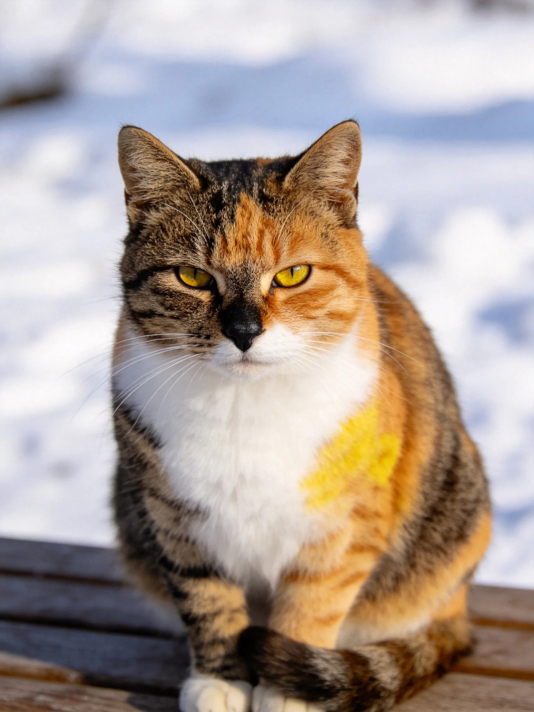 A calico cat with yellow eyes sits calmly on a wooden surface near snow