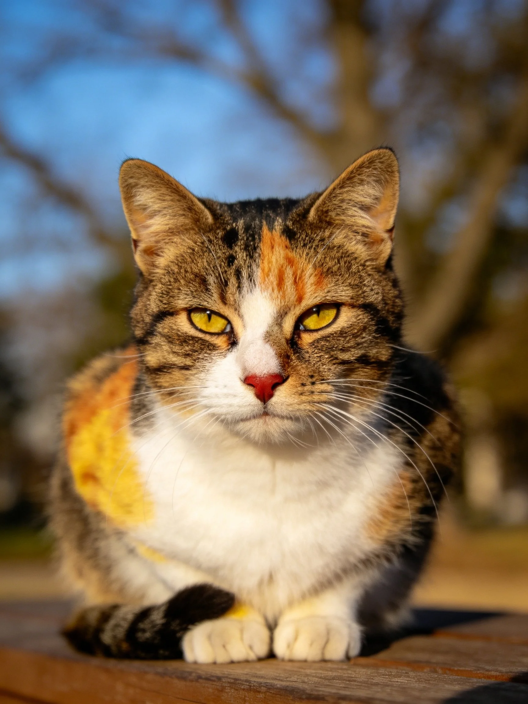A calico cat with bright yellow eyes sits calmly outside.