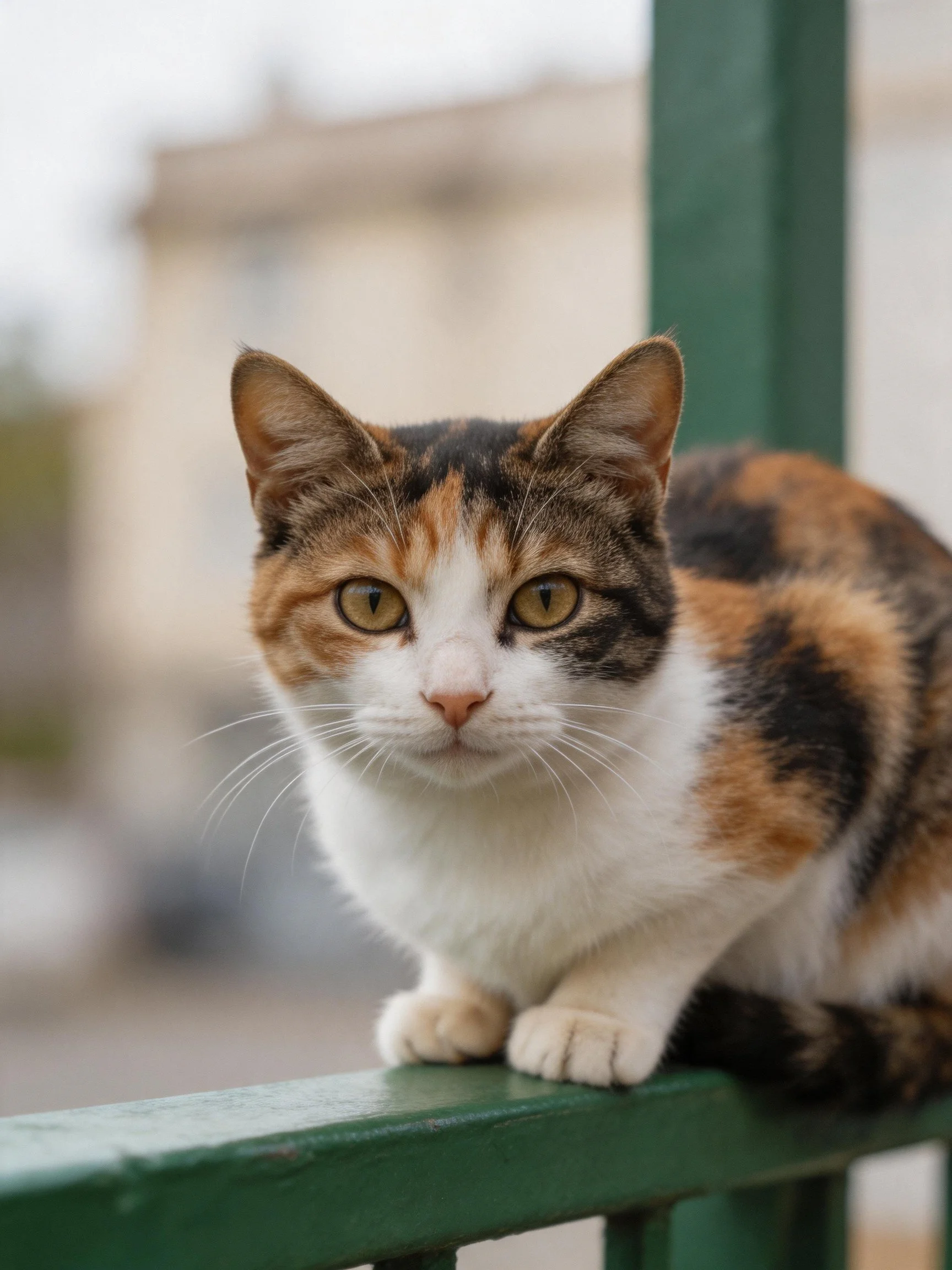 A calico cat with multicolored fur sits on a green railing.