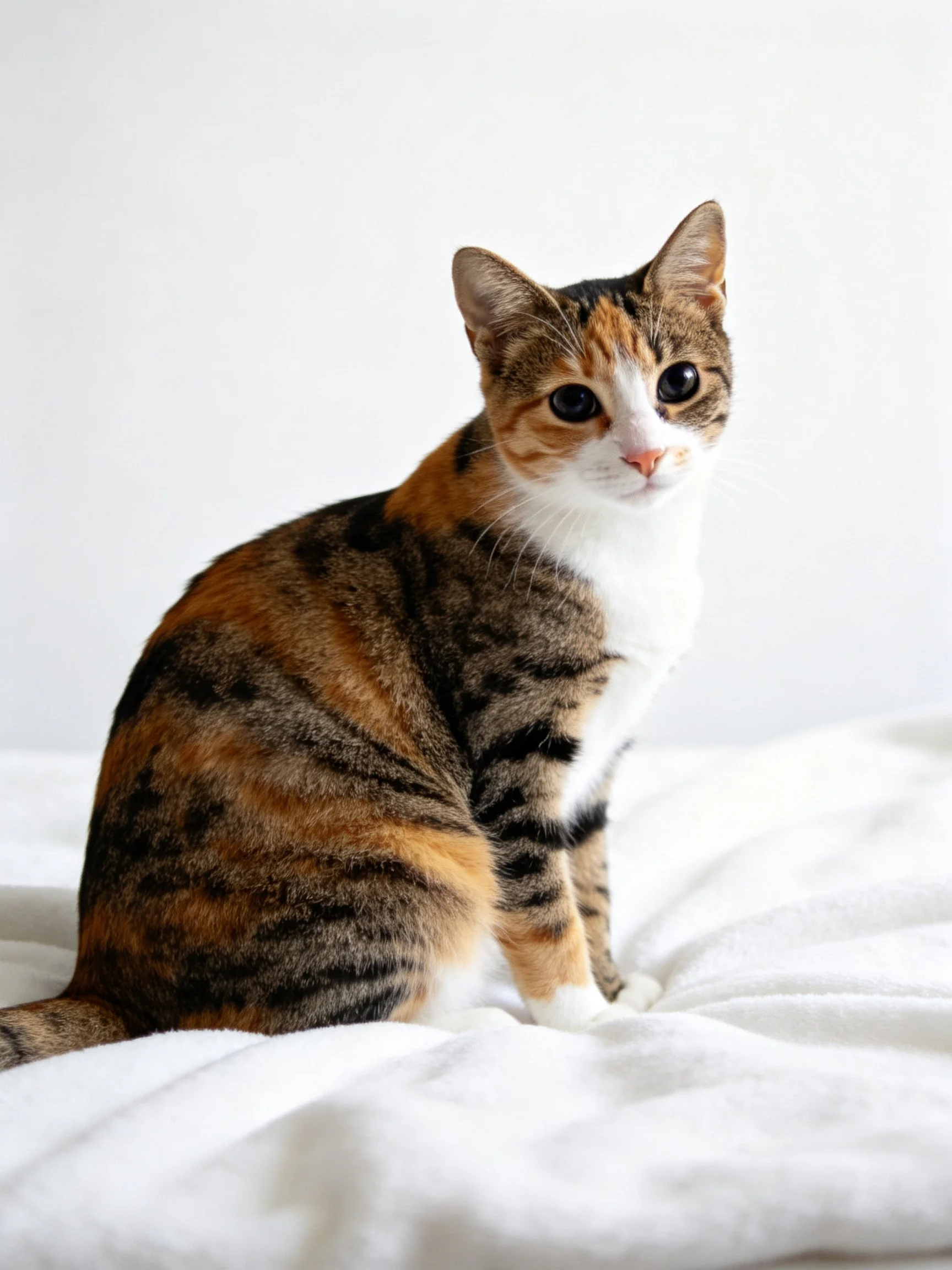A calico cat with multicolored fur sits calmly on a white bed.