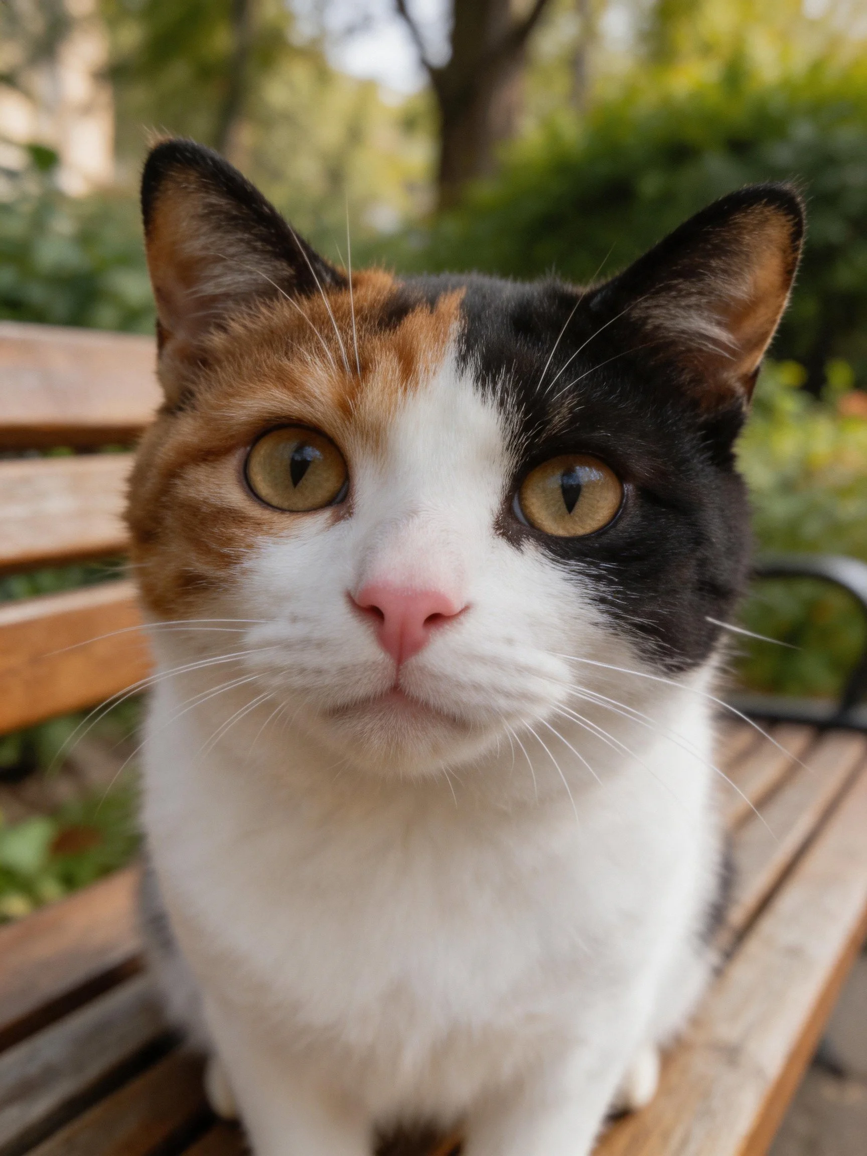 A calico cat with mult fur markings rests on a wooden bench in an outdoor area.